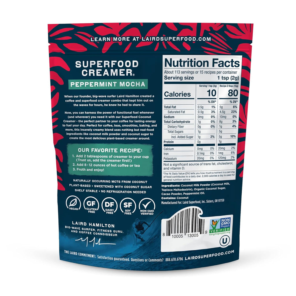 Laird Superfood Non-Dairy Coconut Powder Creamer - Sweet & Creamy + Adaptogens - Superfood Creamer with Functional Mushrooms - Non-GMO, Vegan, 8 oz. Bag, Pack of 1