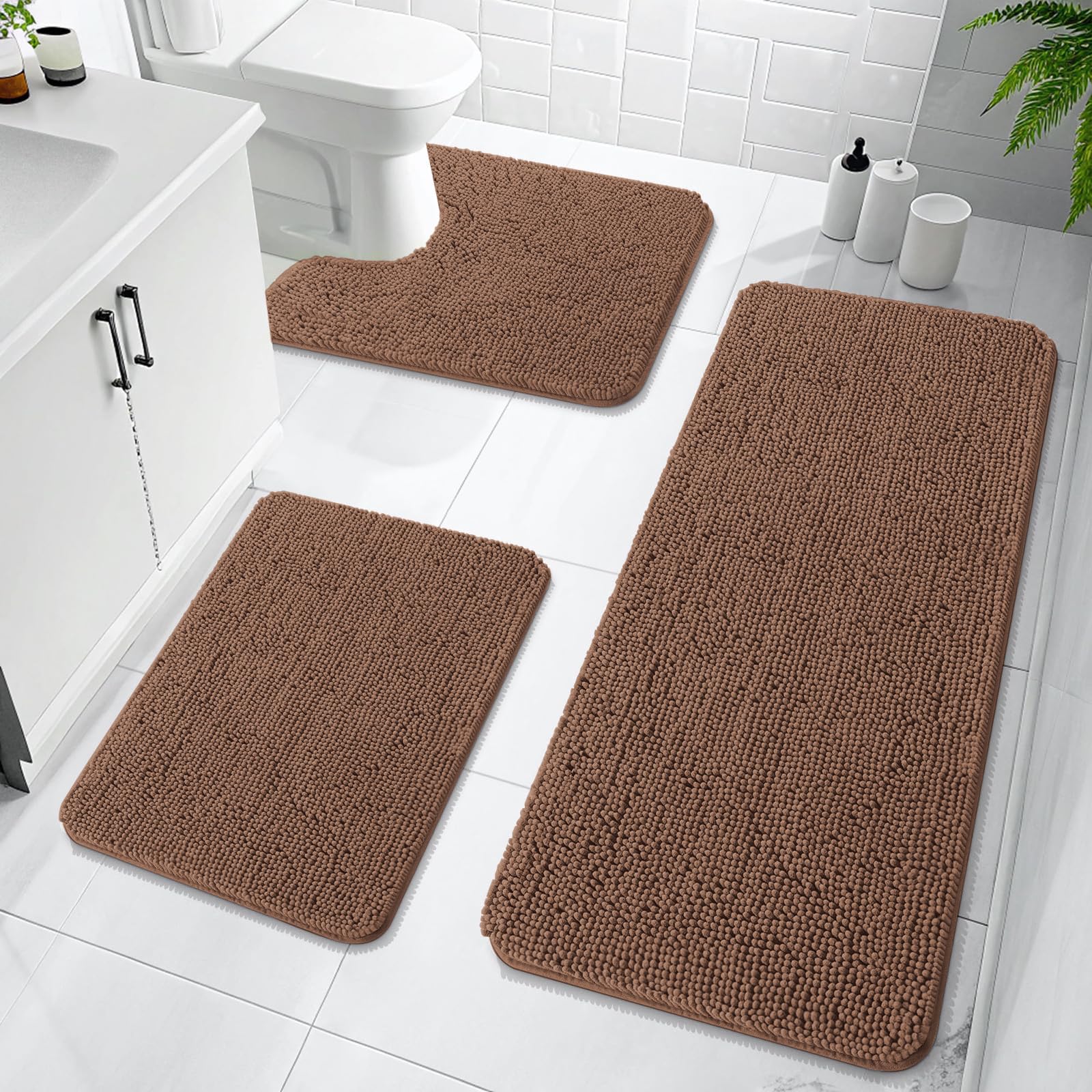 OLANLY Bathroom Rugs Sets 3 Piece, Soft Absorbent Chenille Bath Mats and U-Shaped Contour Toilet Rug, Quick Dry, Home Decor Accessories, Bath Mat Set for Bathroom (30"x20"+24"x16"+24"x20", Grey)