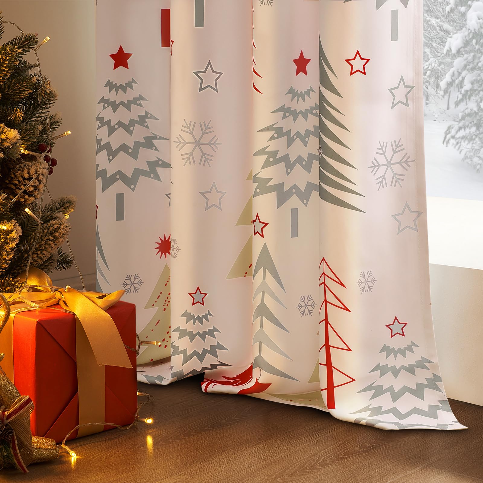 Topfinel Christmas Curtains 84 Inch Length for Living Room 2 Panels Set,Grommet Xmas Decoration Window Curtains with Christmas Tree and Snowflake Print for Bedroom,Set of 2,52x84 Inches Long,White