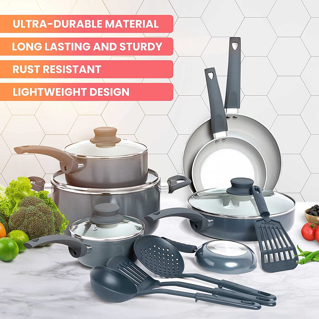 Mueller Pots and Pans Set 17-Piece, Ultra-Clad Pro Stainless Steel Cookware Set, Ergonomic EverCool Handle, Induction Cookware, Includes Saucepans, Skillets, Dutch Oven, Stockpot, Steamer For Cooking