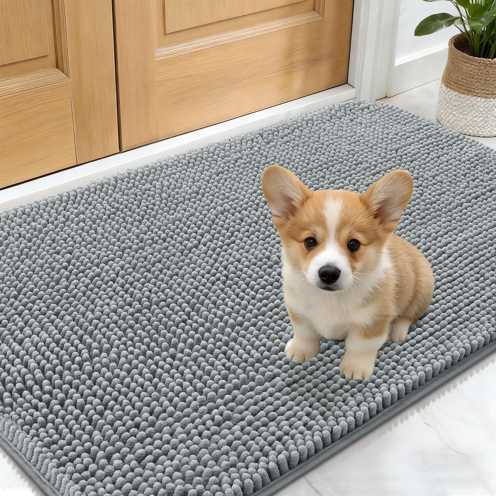 OLANLY Dog Door Mat for Muddy Paws 30x20, Absorbs Moisture and Dirt, Absorbent Non-Slip Washable Doormat, Quick Dry Chenille Mud Mat for Dogs, Entry Indoor Entryway Carpet for Inside Floor, Grey
