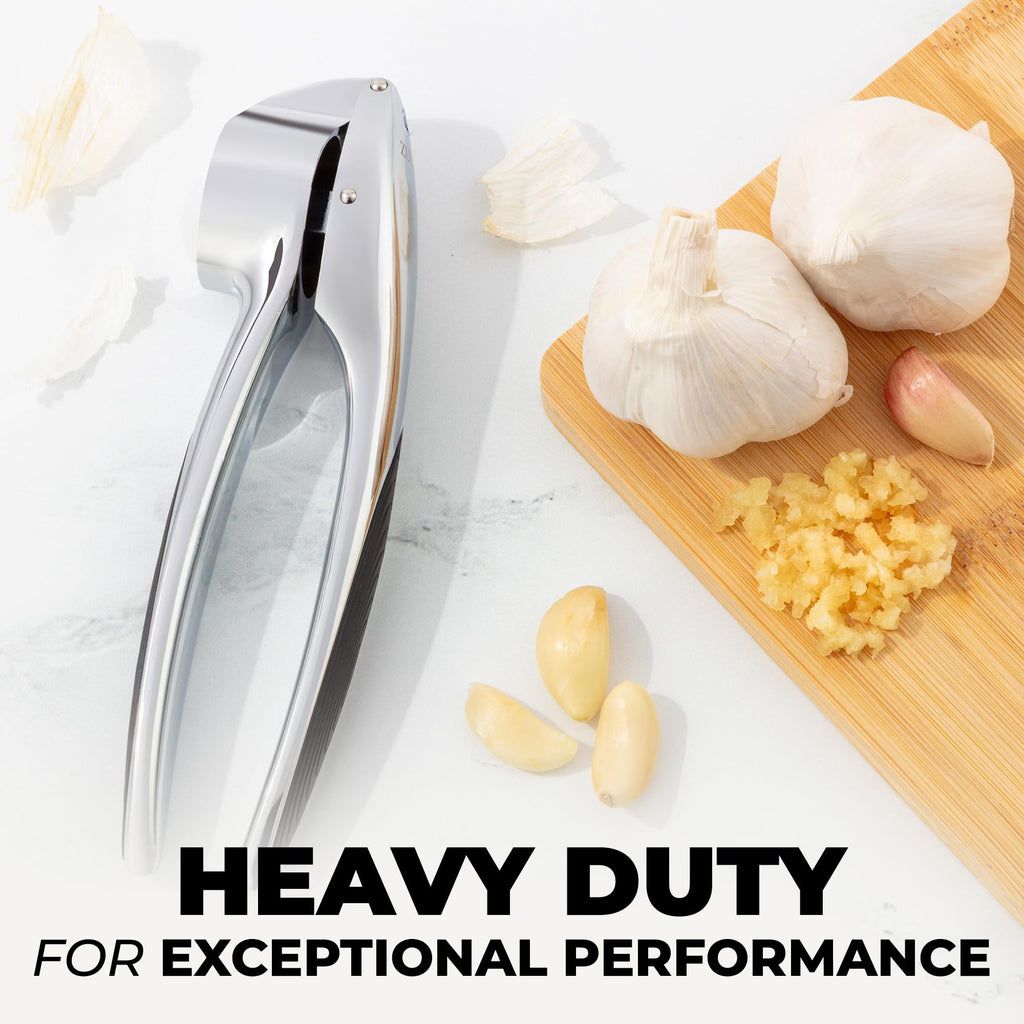 Zulay Kitchen Premium Garlic Press Set - Rust Proof Professional Garlic Mincer Tool - Easy-Squeeze, Easy-Clean with Soft, Ergonomic Handle - Silicone Garlic Peeler & Brush (Silver)