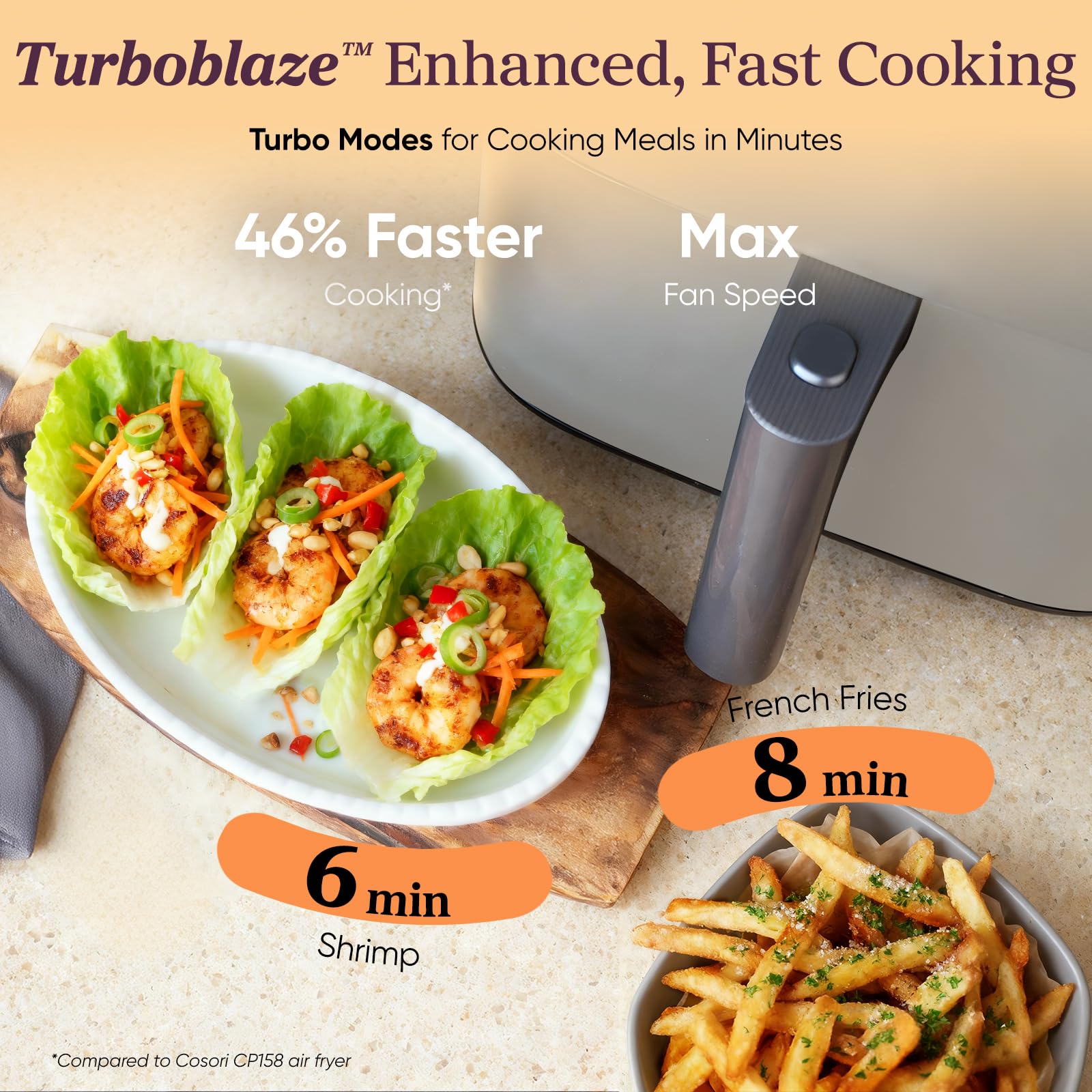 Cosori 9-in-1 TurboBlaze Air Fryer 6 Qt, PFAS-Free Ceramic Coating, 90°–450°F, Precise Heating for Even Results, Air Fry, Roast, Bake, Broil, Dry, Frozen, Proof, Reheat, Keep Warm, 120V, Dark Gray