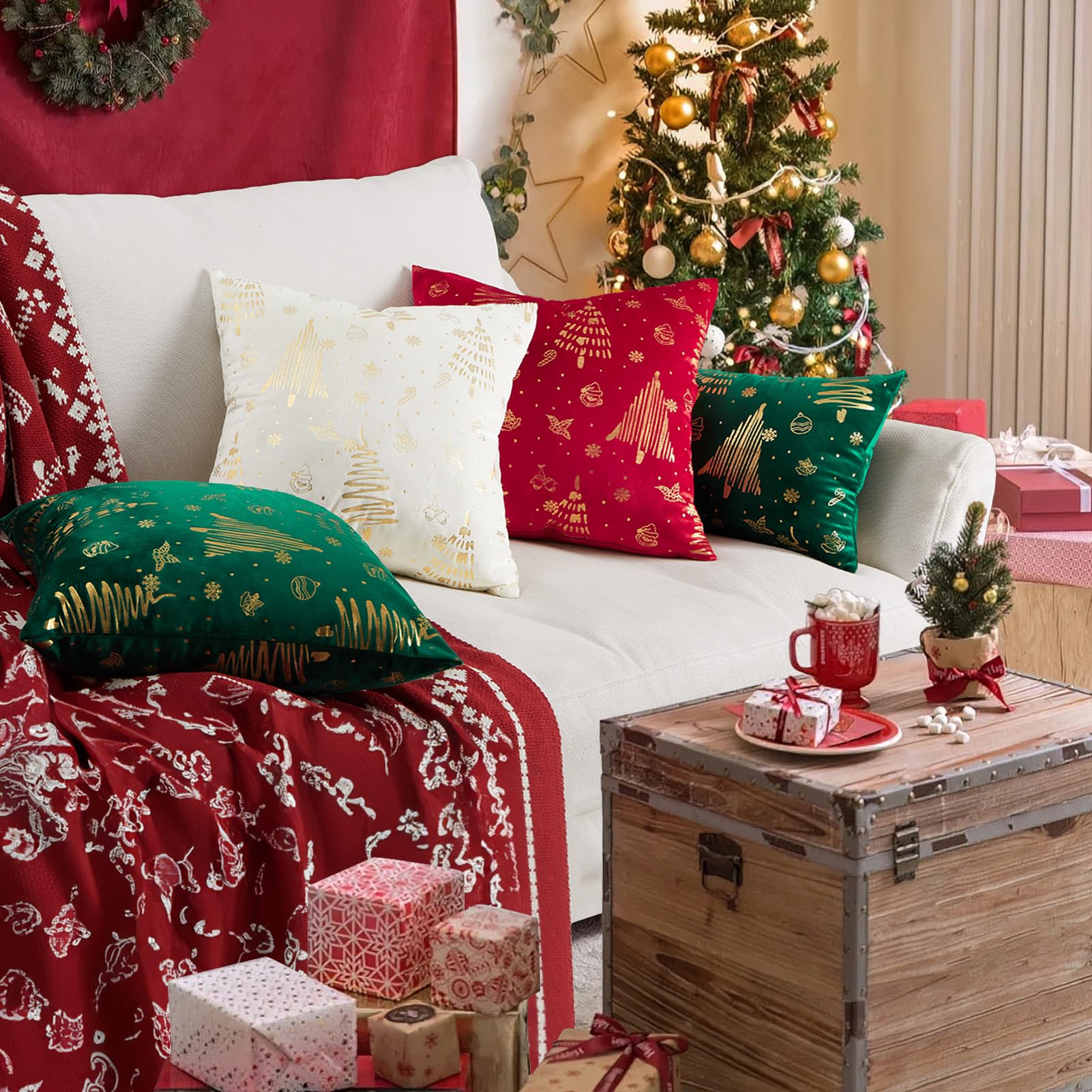 Topfinel Christmas Velvet Throw Pillow Covers Set of 2,Decorative Pillow Cover Red Xmas Gold Stamping Cushion Cases for Bedroom Livingroom Couch Christmas Indoor Home Decor 18x18 Inches