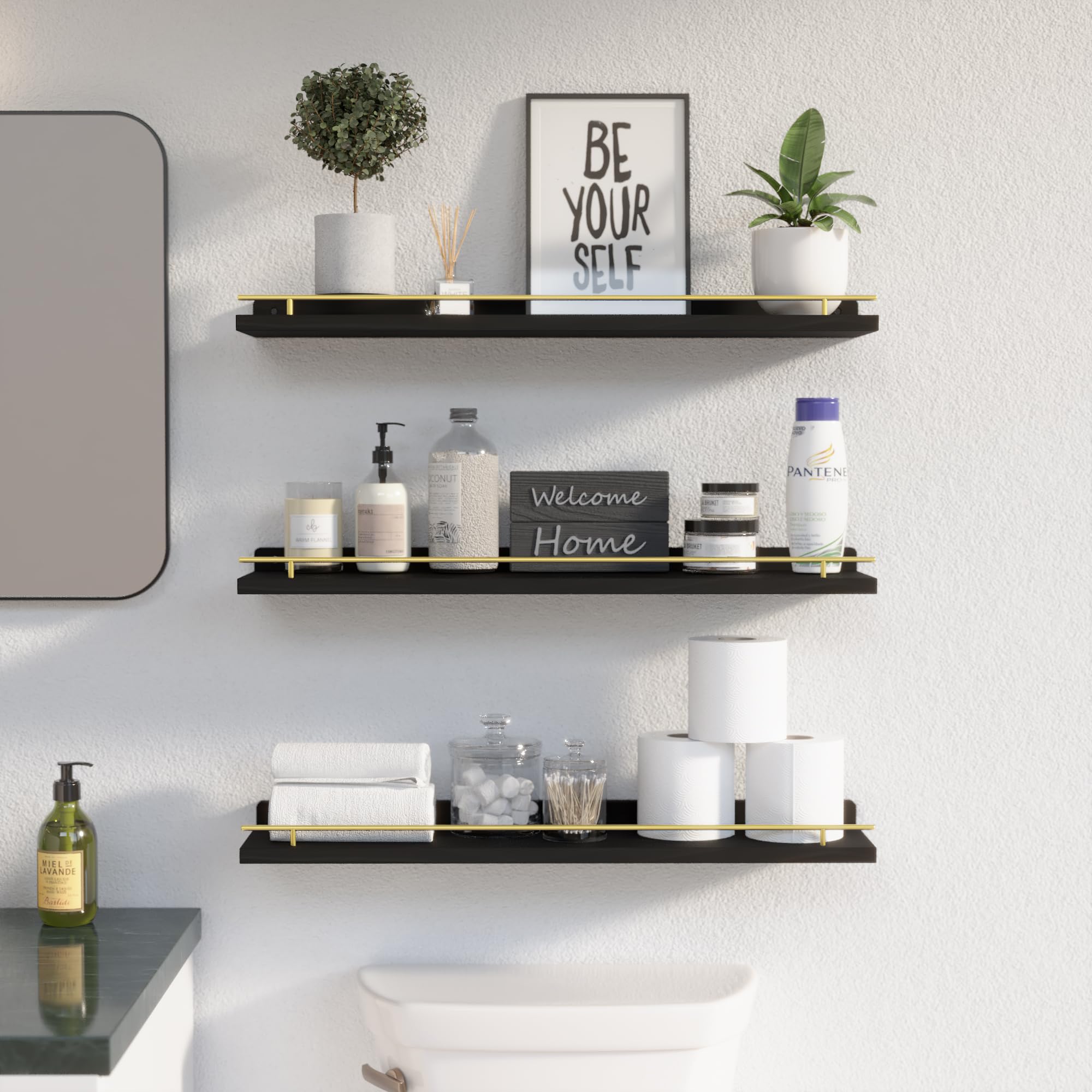 WOPITUES Floating Shelves with Black Metal Guardrail, Shelves for Wall Decor Set of 3, Wall Shelves for Bedroom, Bathroom, Kitchen, Living Room, Plants, Picture Frames, Art- Black