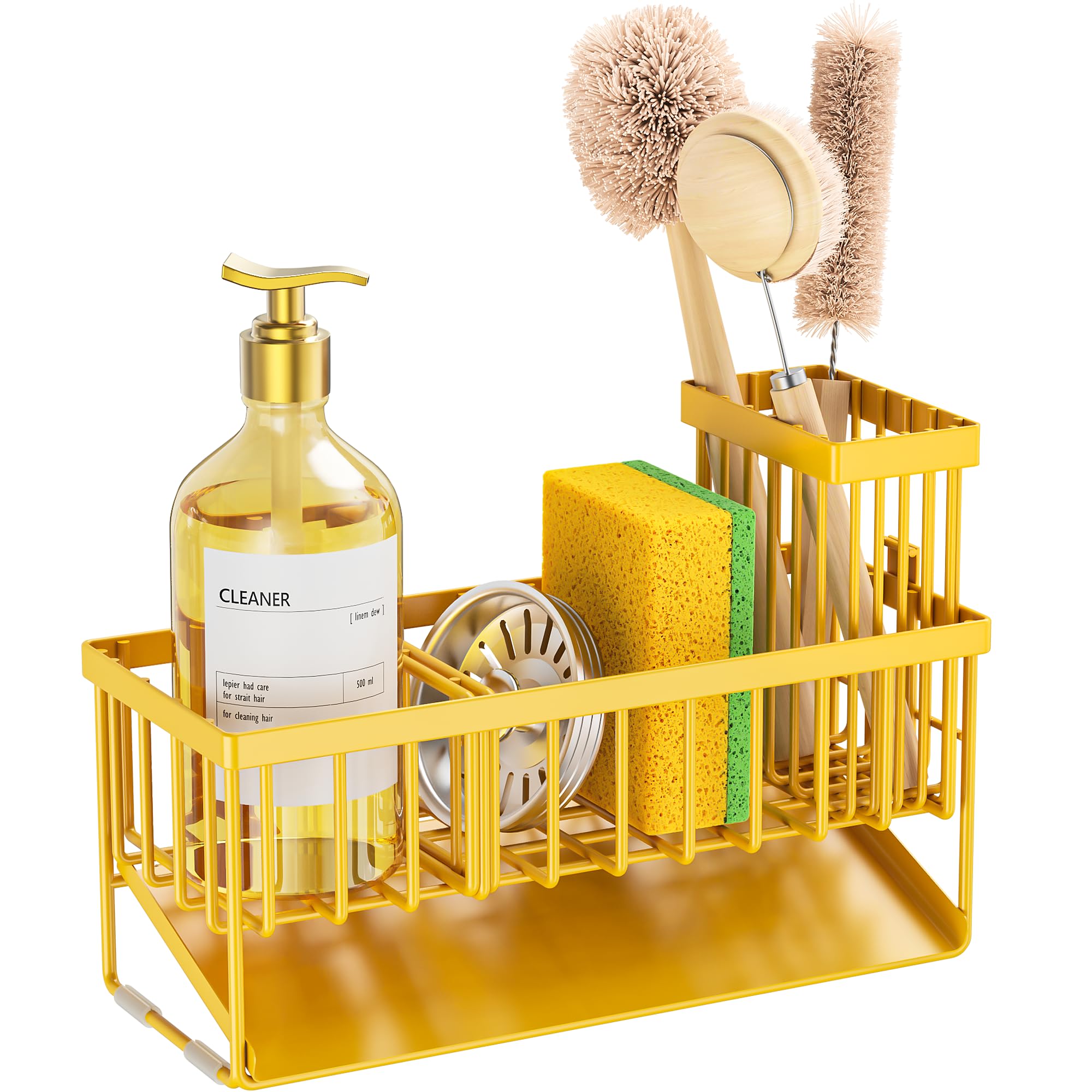 Cisily Sink Caddy Sponge Holder for Kitchen with Brush Holder and Stainless Steel Self Drain Tray, Rustproof Kitchen Sink Organizer for Sponge, Soap Dispenser Storage Accessories