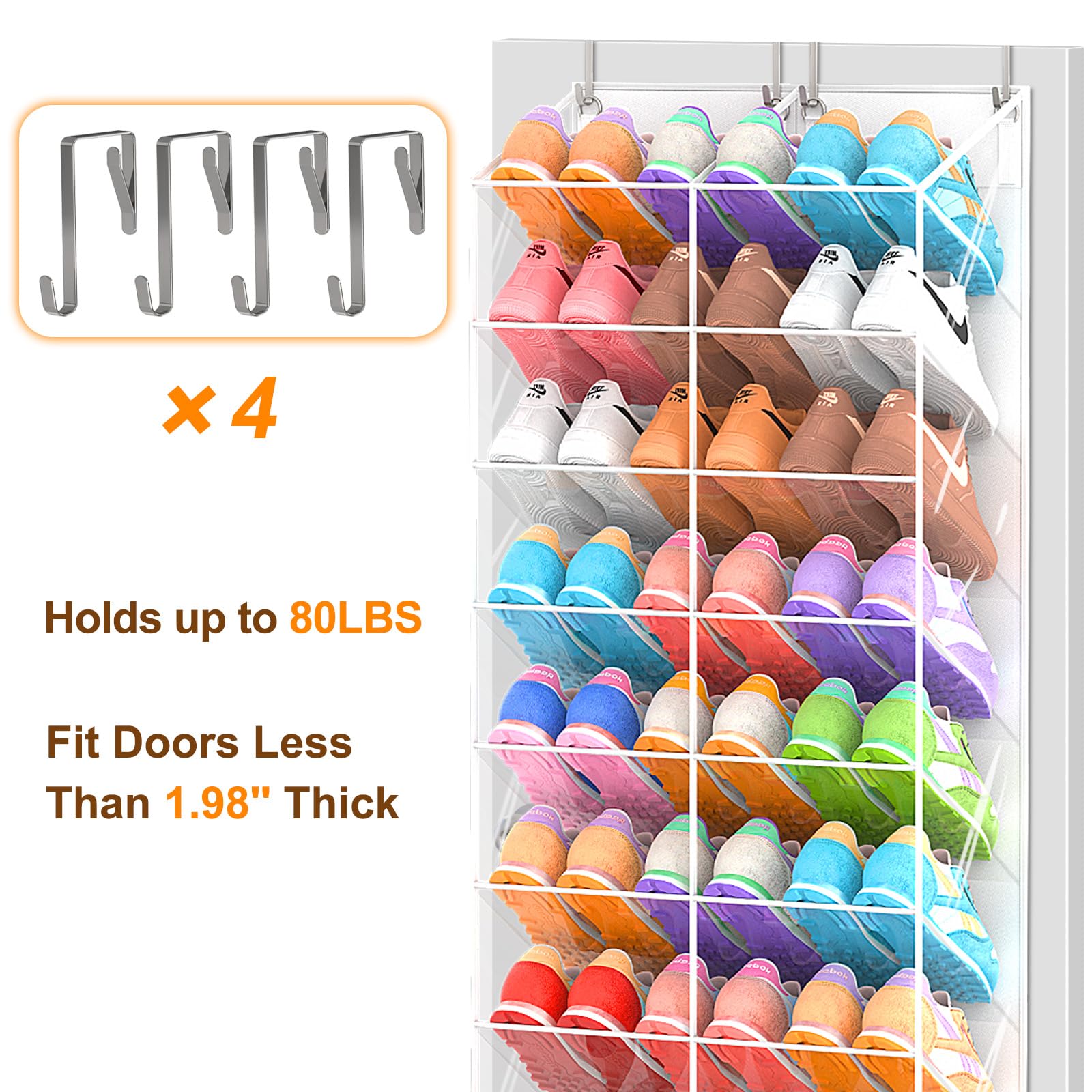 UVIAHOMI 20-30 Pairs Over the Door Shoe Organizer, Clear Pockets Hanging Shoe Storage for Closet, 10-Tier Door Shoes Rack, Handing Shoes Holder Fit All the Family's Sneakers, Boots, Heels, Black