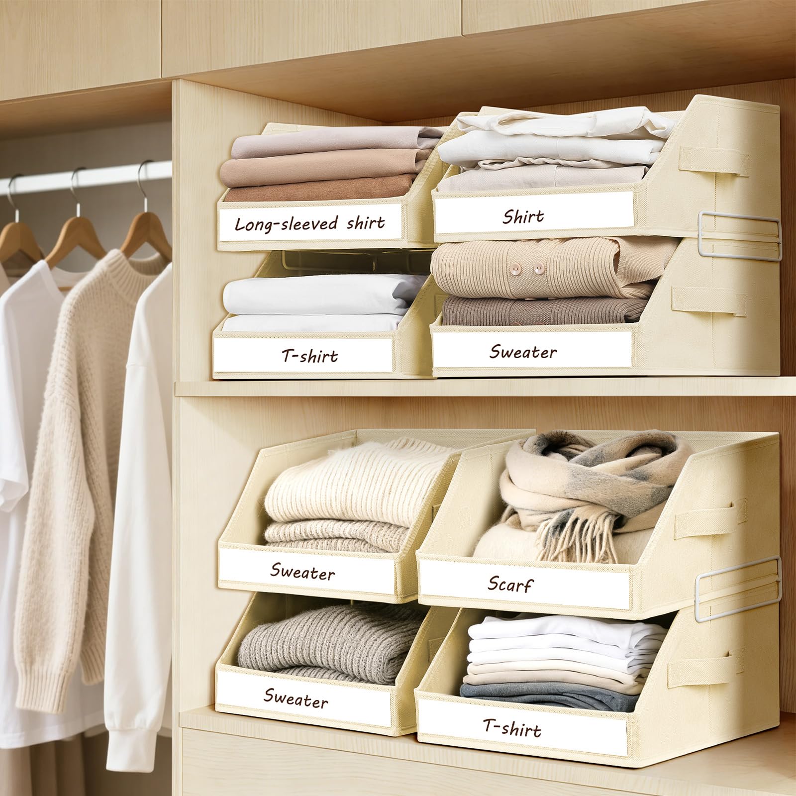 Homsorout Closet Organizers and Storage - 5 Tier Shelf Organizer with Weekly Labels, Stackable Storage Bins with Metal Frame, Foldable Cube Bins, Home Baskets for Kids and Adults, Beige