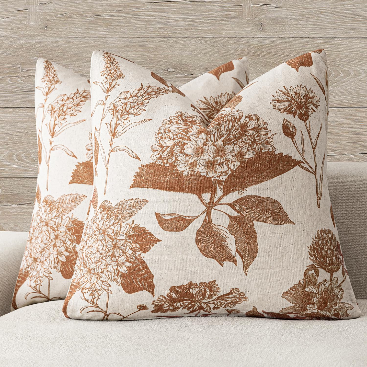 Foindtower Set of 2 Linen Floral Vintage Throw Pillow Covers Neutral Accent Print Decorative Cushion Covers Farmhouse Boho Home Decor for Sofa Chair Couch Bedroom Living Room,18×18 Inch,Blue