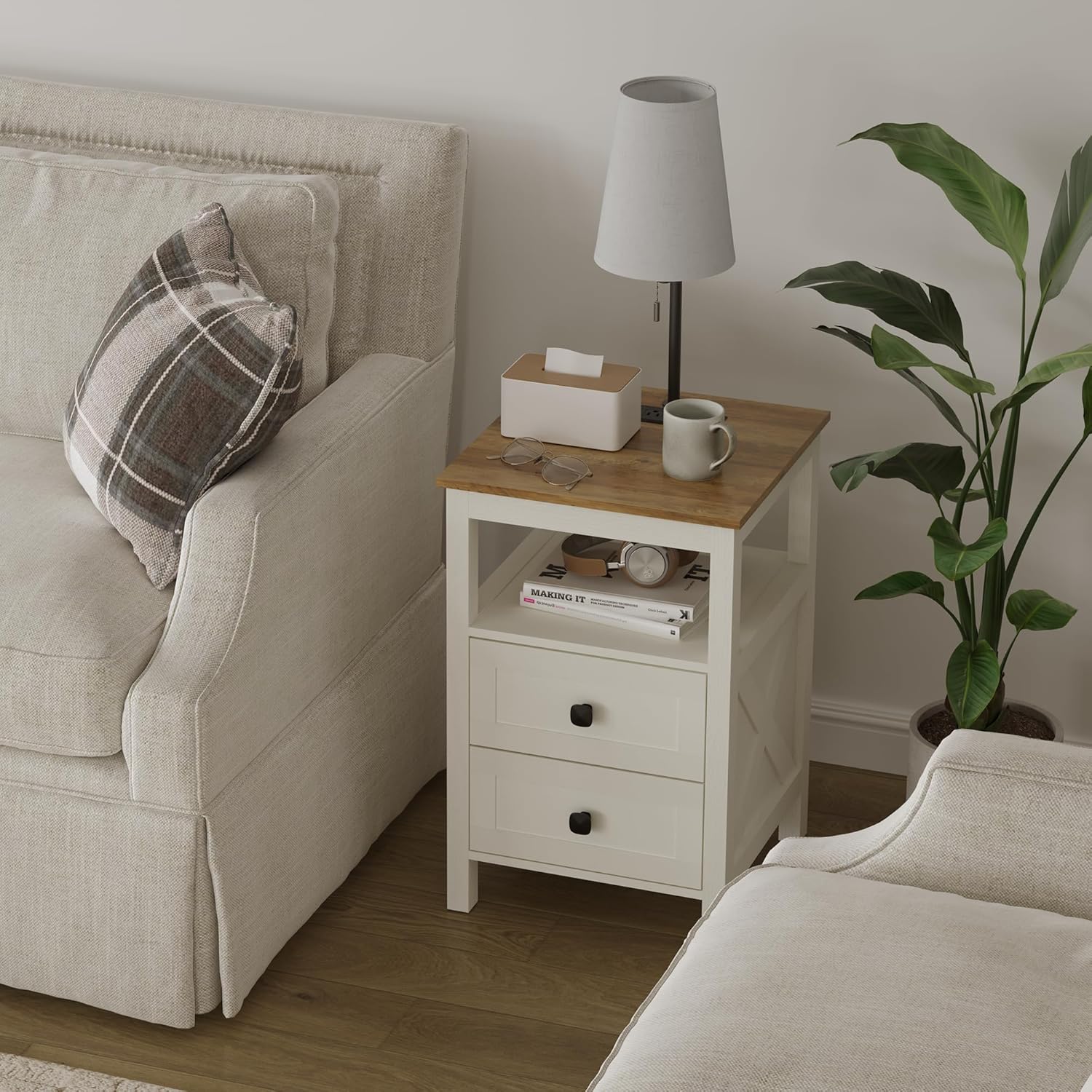 WOPITUES Nightstand with Charging Station, Farmhouse Night Stand with Drawers, Bedside Table, End Table for Bedroom, Living Room, Rustic White & Rustic Brown