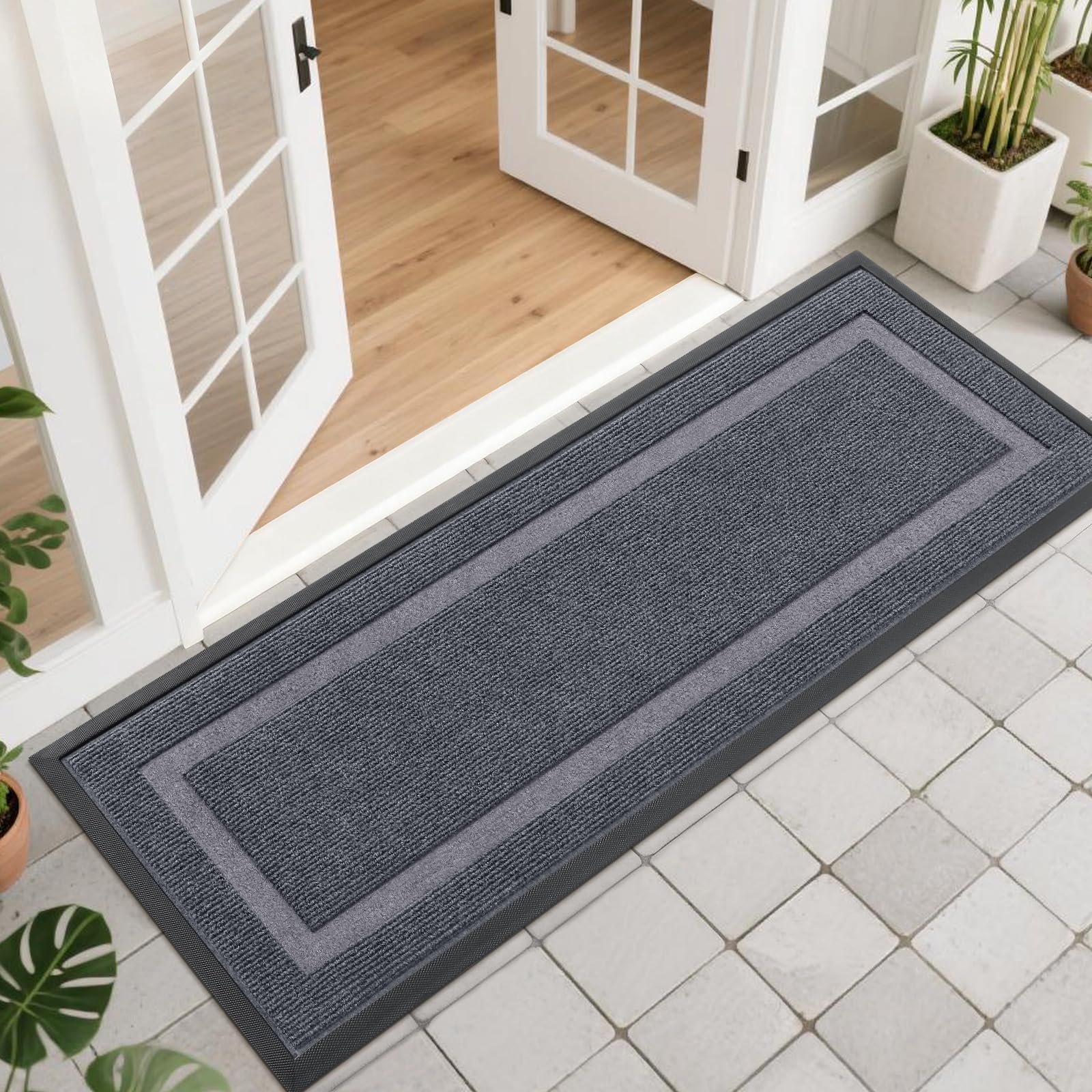 OLANLY Front Door Mat Indoor Outdoor Entrance, Waterproof All-Season, All-Weather Doormat, Sturdy Natural Rubber, Fade Resistant, Low Profile, Easy Clean Patio Porch Entryway Mat, 29.5x17, Black