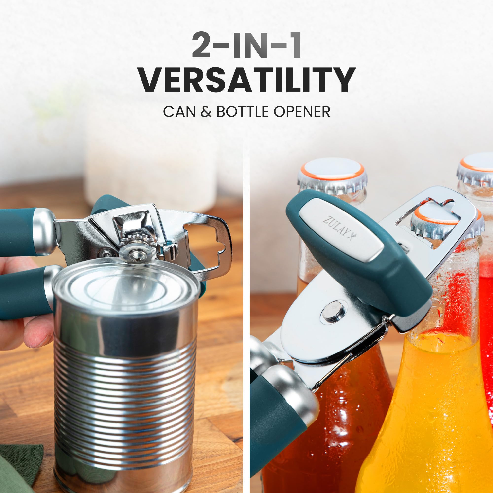 Zulay Kitchen COMFY™ Can Opener Manual with Bottle Opener - Rust Proof Stainless Steel Manual Can Opener With Turn Knob & Comfy Soft Grip Handles - Black