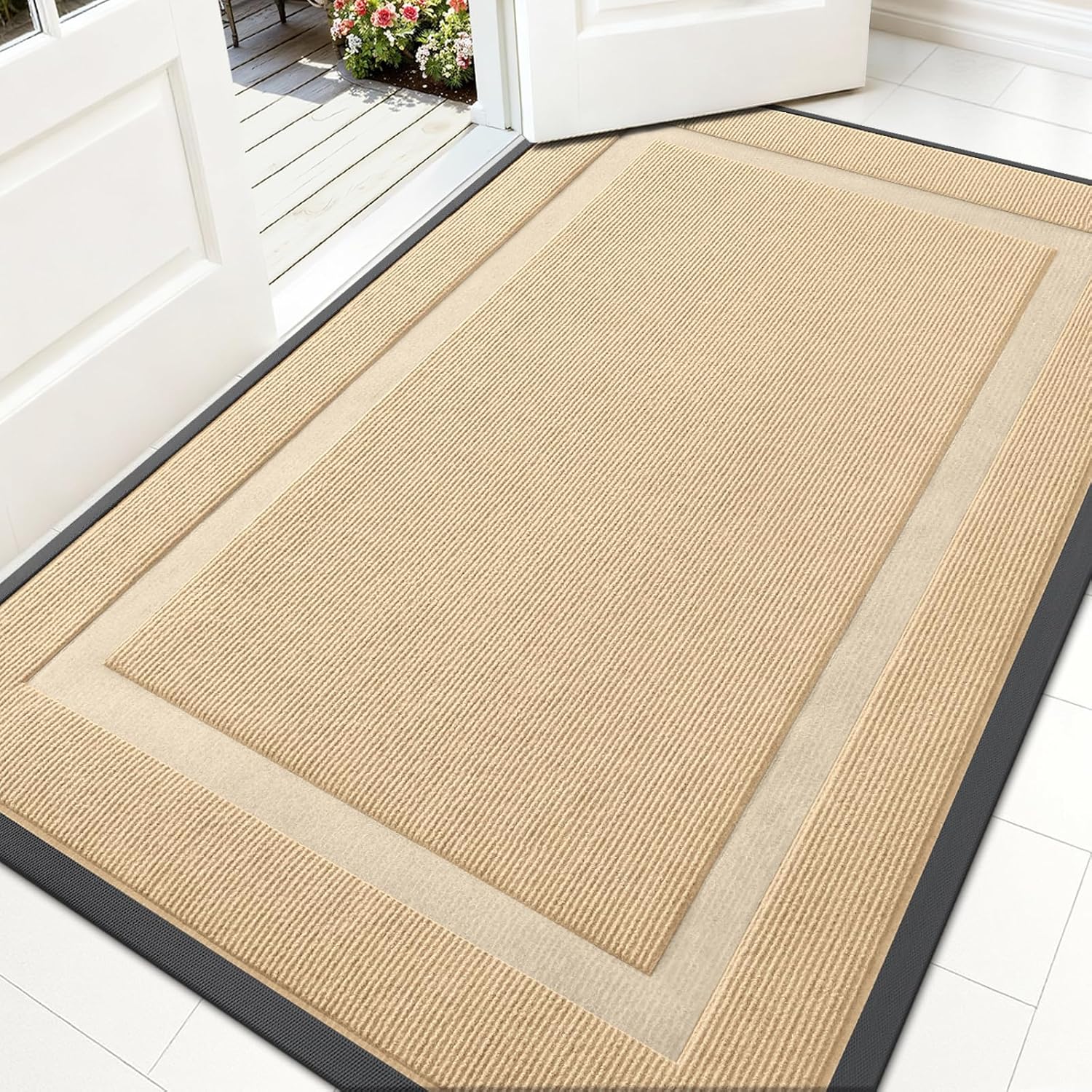 OLANLY Front Door Mat Indoor Outdoor Entrance, Waterproof All-Season, All-Weather Doormat, Sturdy Natural Rubber, Fade Resistant, Low Profile, Easy Clean Patio Porch Entryway Mat, 29.5x17, Beige