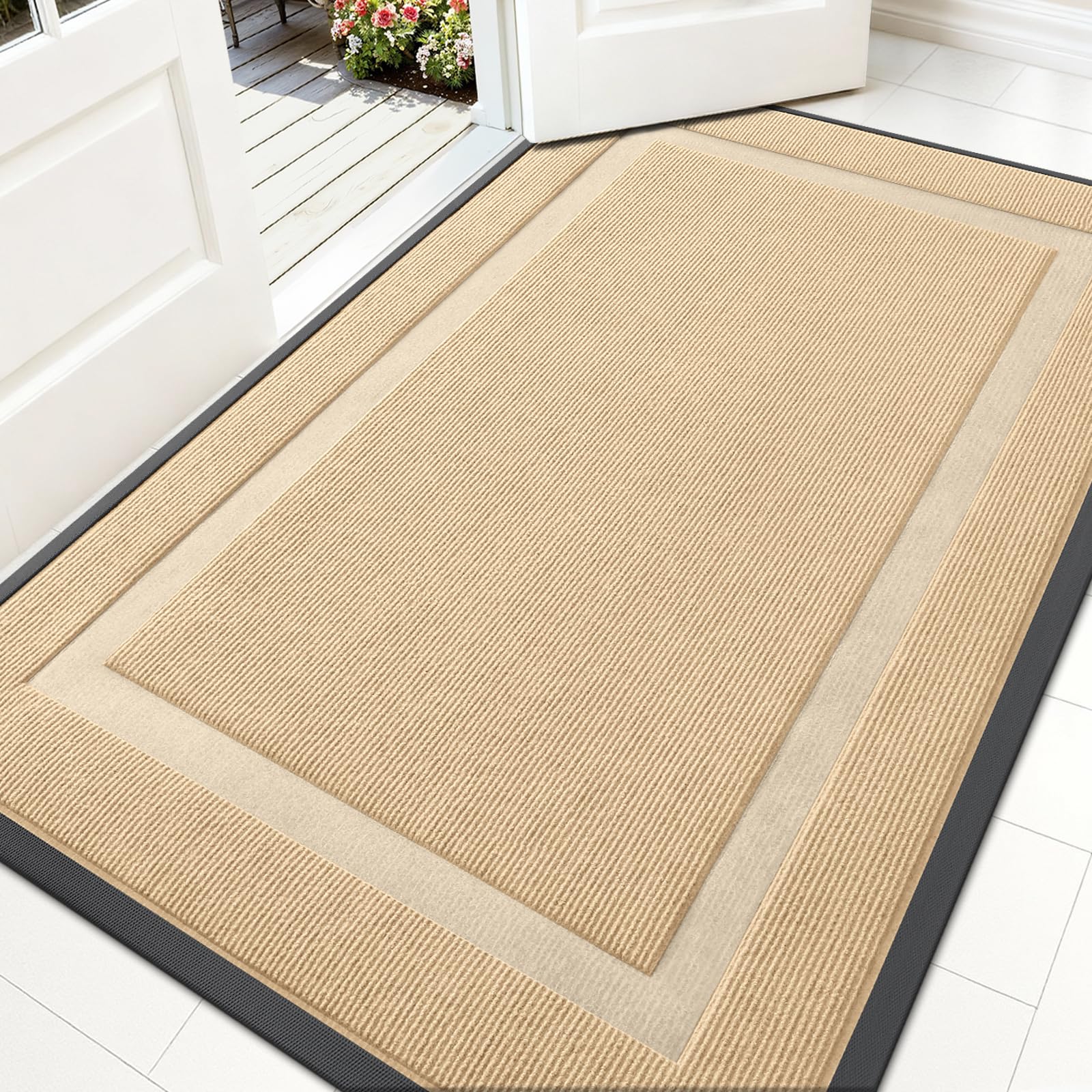 OLANLY Front Door Mat Indoor Outdoor Entrance, Waterproof All-Season, All-Weather Doormat, Sturdy Natural Rubber, Fade Resistant, Low Profile, Easy Clean Patio Porch Entryway Mat, 29.5x17, Black