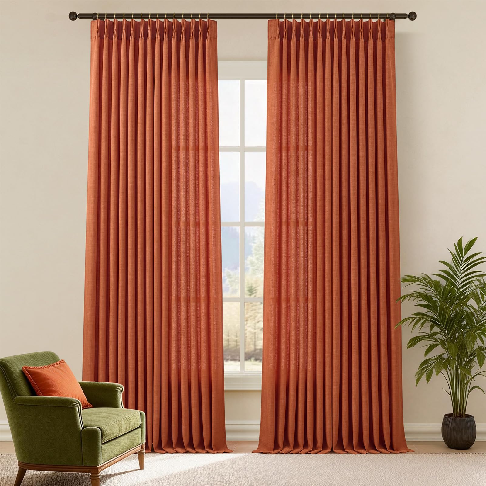 Pinch Pleated Linen Curtains 96 Inches Extra Long Olive Green Drapes, Thick Linen Light Filtering Memory Trained Pleat Curtain for Living Room and Bedroom Privacy 2 Panels Texture with Back Tab