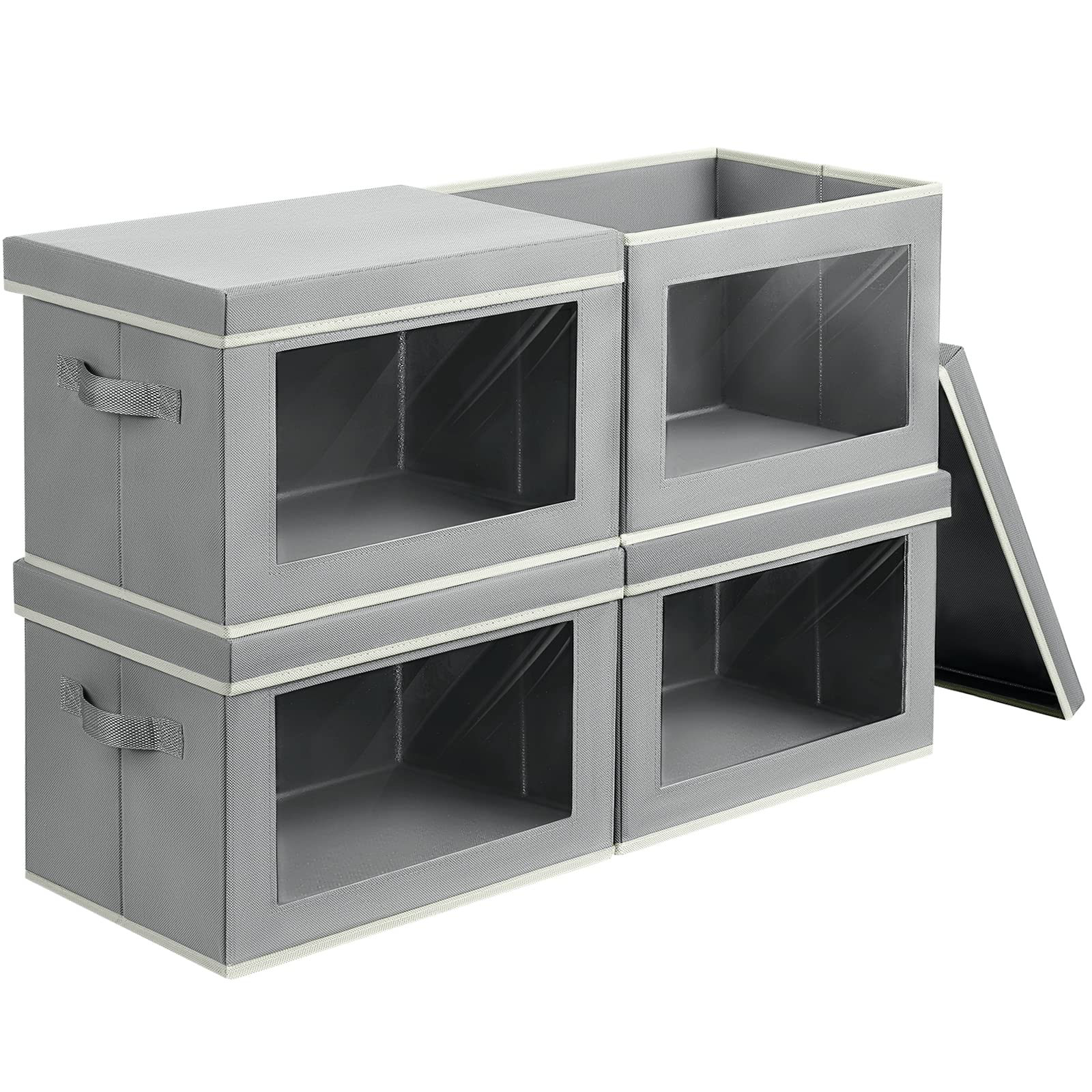Homsorout Storage Bins with Lids - Fabric Storage Boxe with Window, Collapsible Closet Organizers with Handles, 3 Pack Decorative Bin, Home Cubes Baskets for Clothes, Hat, Books, Dark Grey