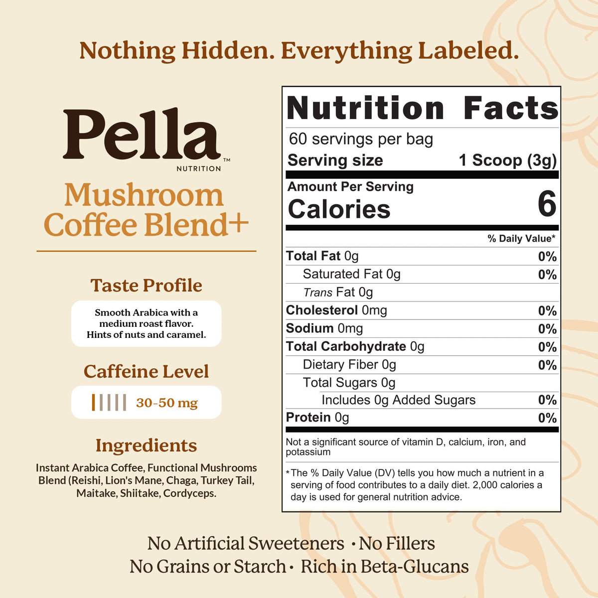 Pella Nutrition Instant Mushroom Coffee Powder - Regular Caffeine, 60 Cups