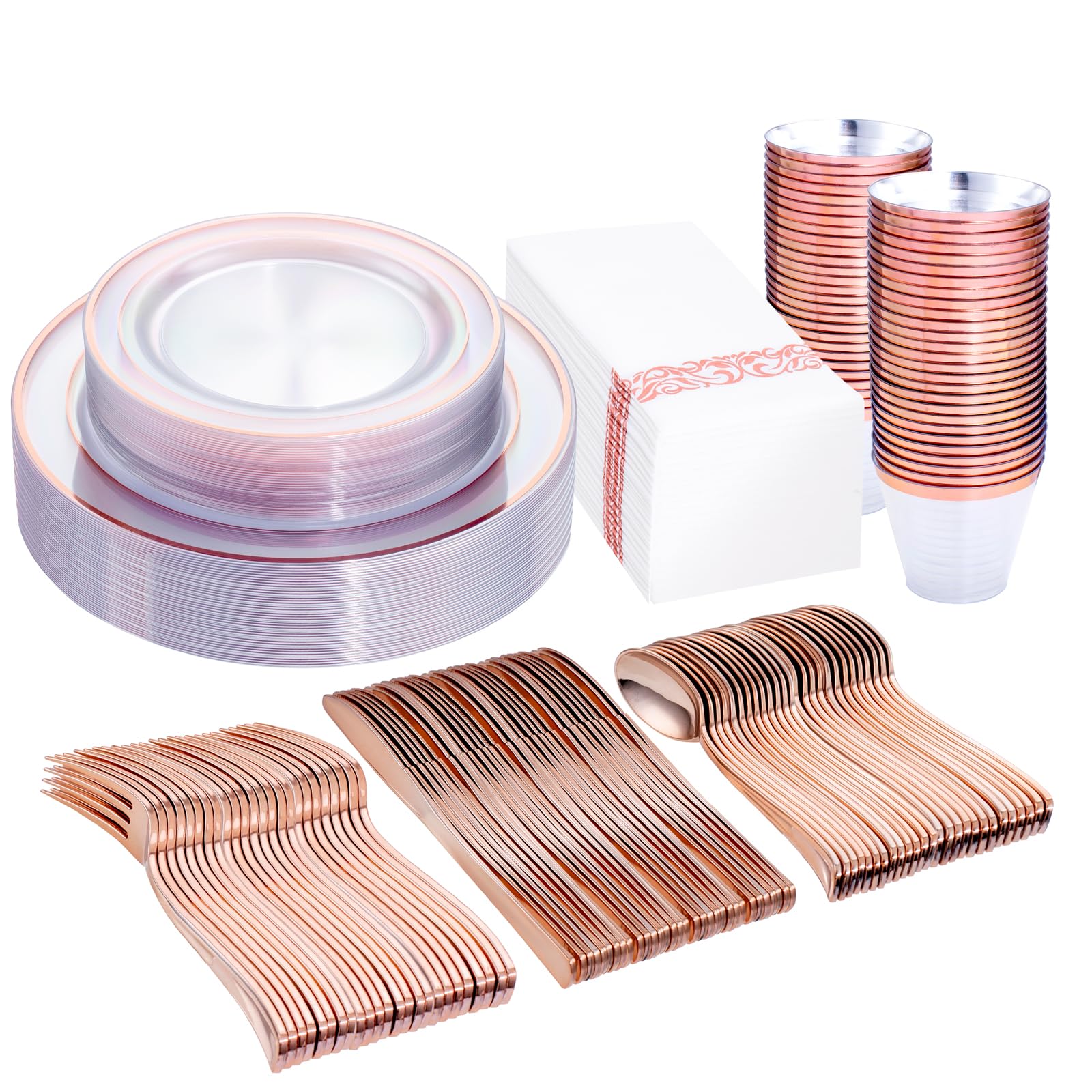 DaYammi 350PCS Gold Plastic Dinnerware Set for 50 Guests, Fancy Disposable Plates for Party, Include: 50 Dinner Plates, 50 Dessert Plates, 50 Pre Rolled Napkins with Gold Silverware, 50 Cups