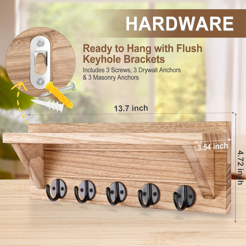 Wall Key Holder with Shelf, Rustic Shelf with Hooks Made of Paulownia Wood Holds Keys, Dog Leash, Bags and More - 13.7" W x 4.7" H x 3.5" D Decorative Key Hanger and Entryway Shelf (Gray)