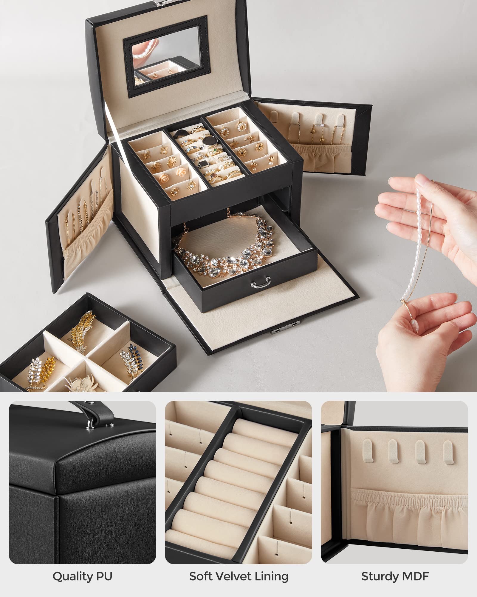 SONGMICS 3-Tier Jewelry Box, Travel Jewelry Case with Handle, 2 Drawers, Lockable Jewelry Organizer with Mirror, Jewelry Storage, Modern Style, Gift for Loved Ones, White UJBC154W01