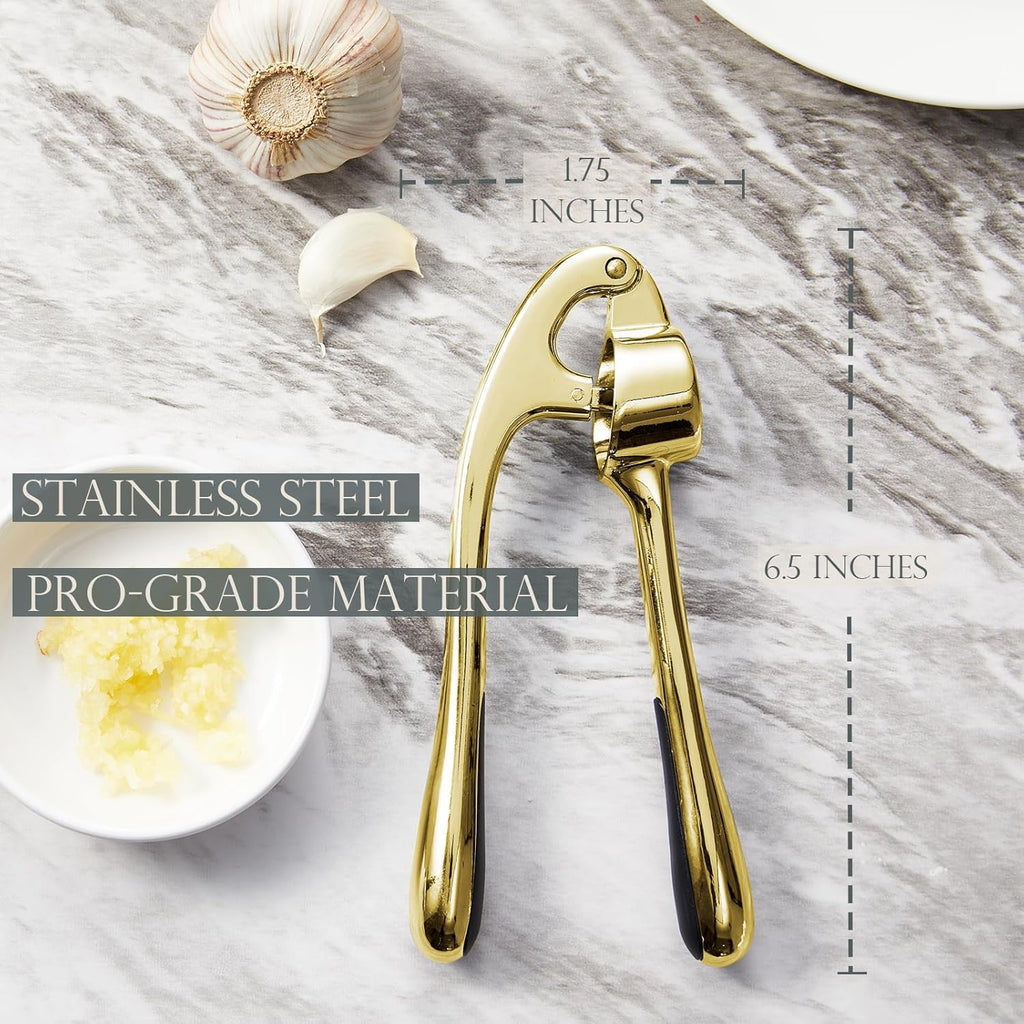 Kitessensu High Effective Premium Garlic Press Set, With Silicone Garlic Peeler & Brush, Heavy Duty Garlic Mincer, Easy to Squeeze and Clean, Rust Proof & Dishwasher Safe - Gold