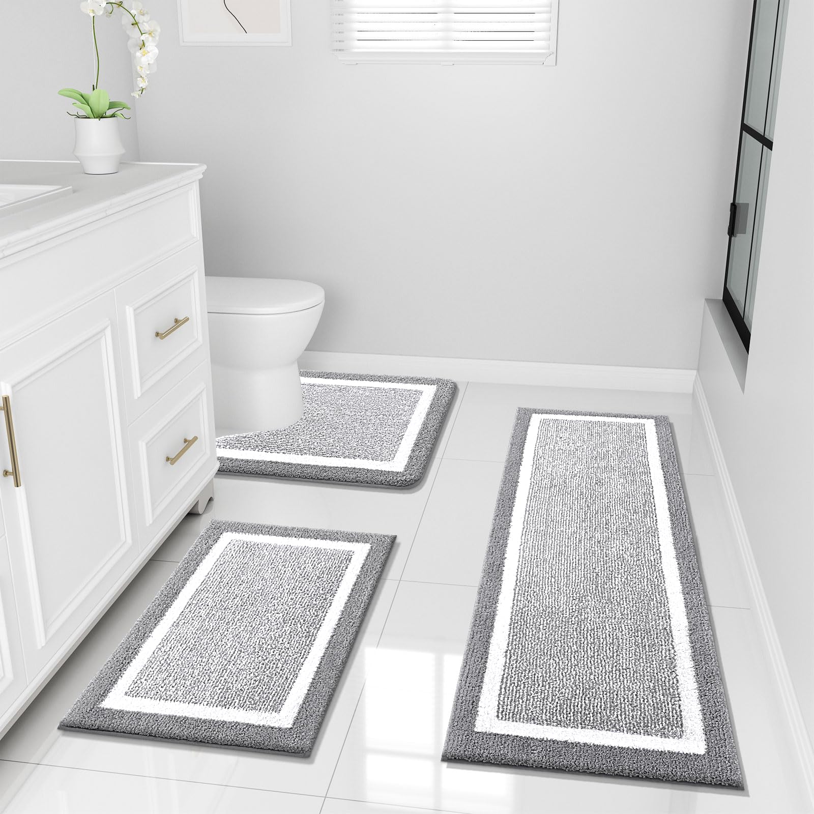 OLANLY Bathroom Rugs Sets 3 Piece, Soft Absorbent Microfiber Bath Mats and U-Shaped Contour Toilet Rug, Home Decor Accessories, Non-Slip, Bath Mat Set for Bathroom (30"x20"+24"x16"+24"x20", Grey)