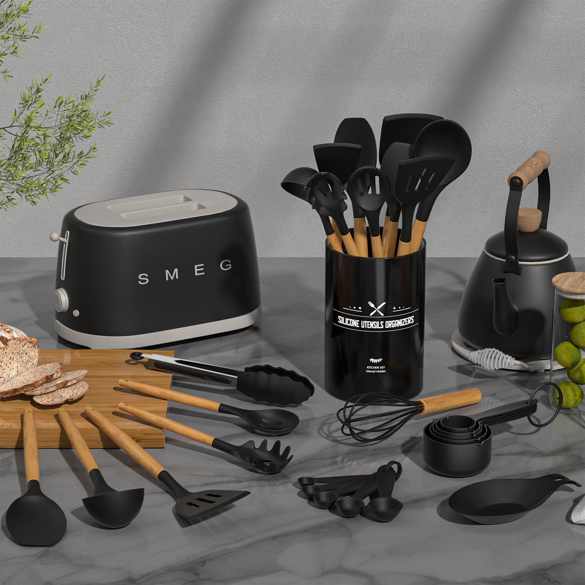Umite Chef Kitchen Cooking Utensils Set, 33 pcs Non-Stick Silicone Cooking Kitchen Utensils Spatula Set with Holder, Wooden Handle Silicone Kitchen Gadgets Utensil Set (Khaki)