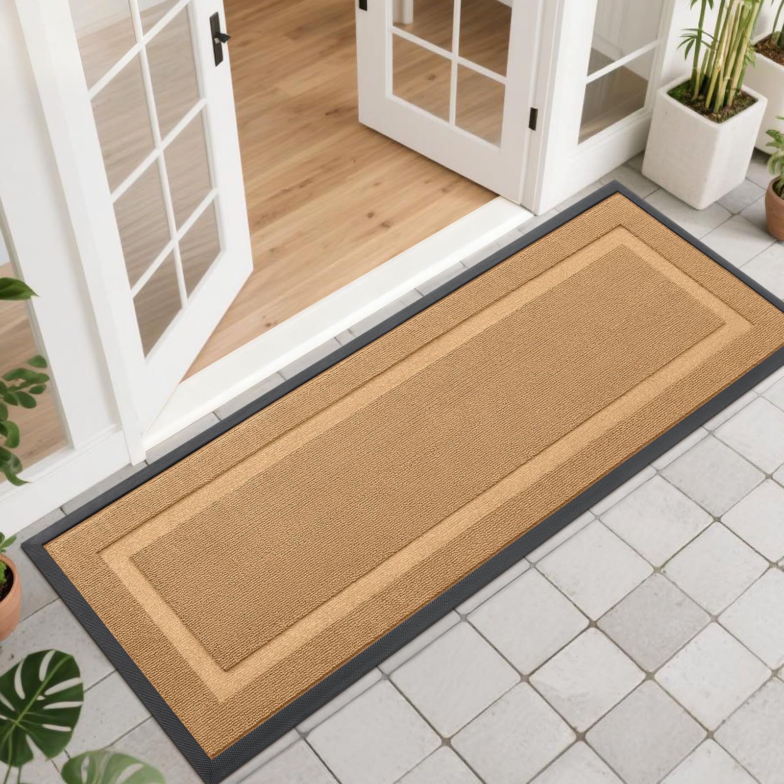 OLANLY Front Door Mat Indoor Outdoor Entrance, Waterproof All-Season, All-Weather Doormat, Sturdy Natural Rubber, Fade Resistant, Low Profile, Easy Clean Patio Porch Entryway Mat, 29.5x17, Black