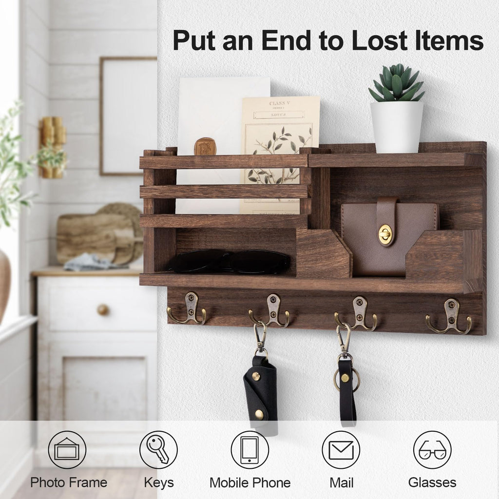 Mail and Key Holder for Wall – Decorative 15.9” x 8.7” x 3.2” Entryway Organizer with Shelf – Paulownia Wood with 4 Dual Hooks Includes Mounting Hardware and Installation Guide