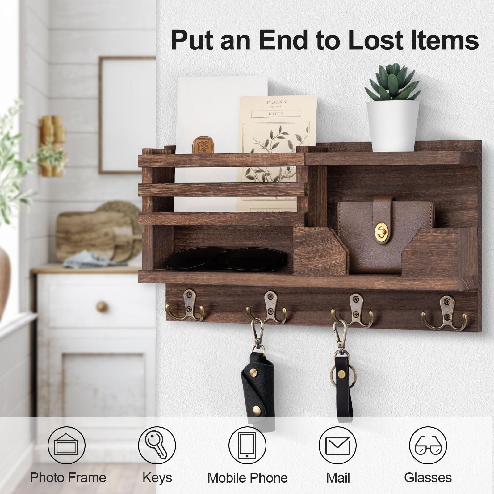 Mail and Key Holder for Wall – Decorative 15.9” x 8.7” x 3.2” Entryway Organizer with Shelf – Paulownia Wood with 4 Dual Hooks Includes Mounting Hardware and Installation Guide
