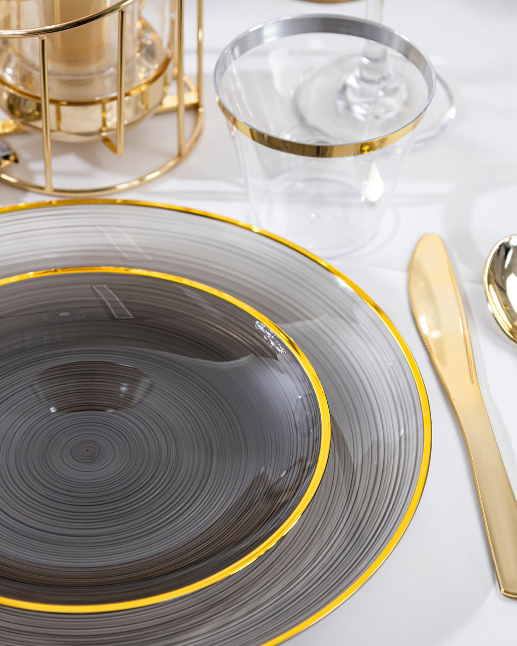 Morejoy 60Pcs Brown Plastic Plates,Brown Disposable Plates With Gold Rim, Gold Party Dinnerware Set Include 30 Dessert plates,30 Dinner plates for Party & Wedding