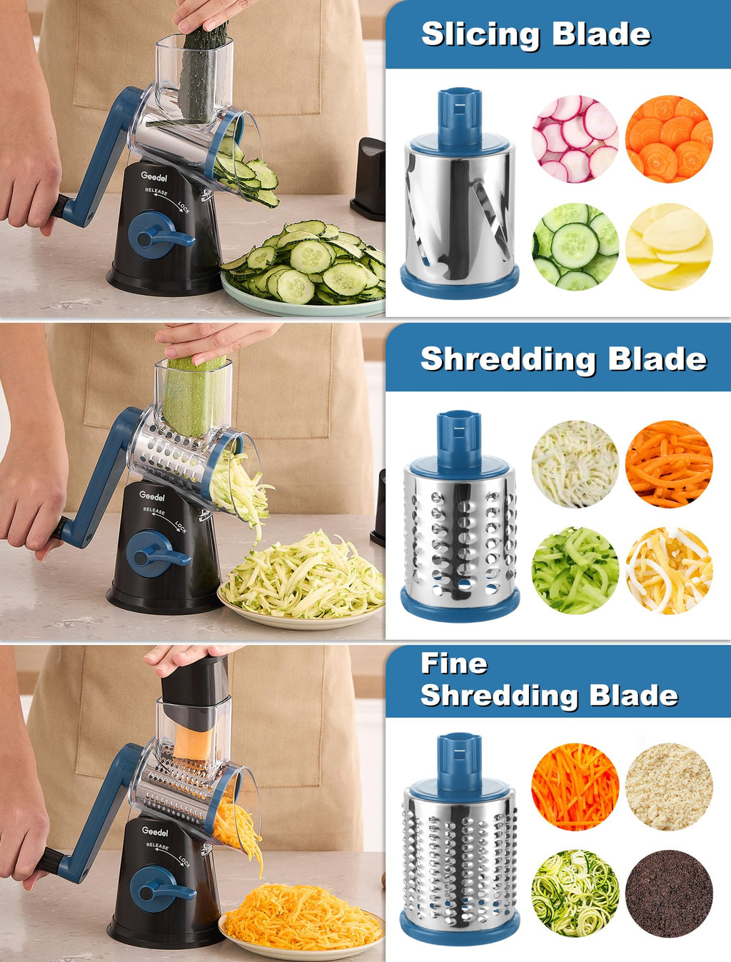 Geedel Rotary Cheese Grater, Kitchen Mandoline Vegetable Slicer with 3 Interchangeable Blades, Easy to Clean Rotary Grater Slicer for Fruit, Vegetables, Nuts