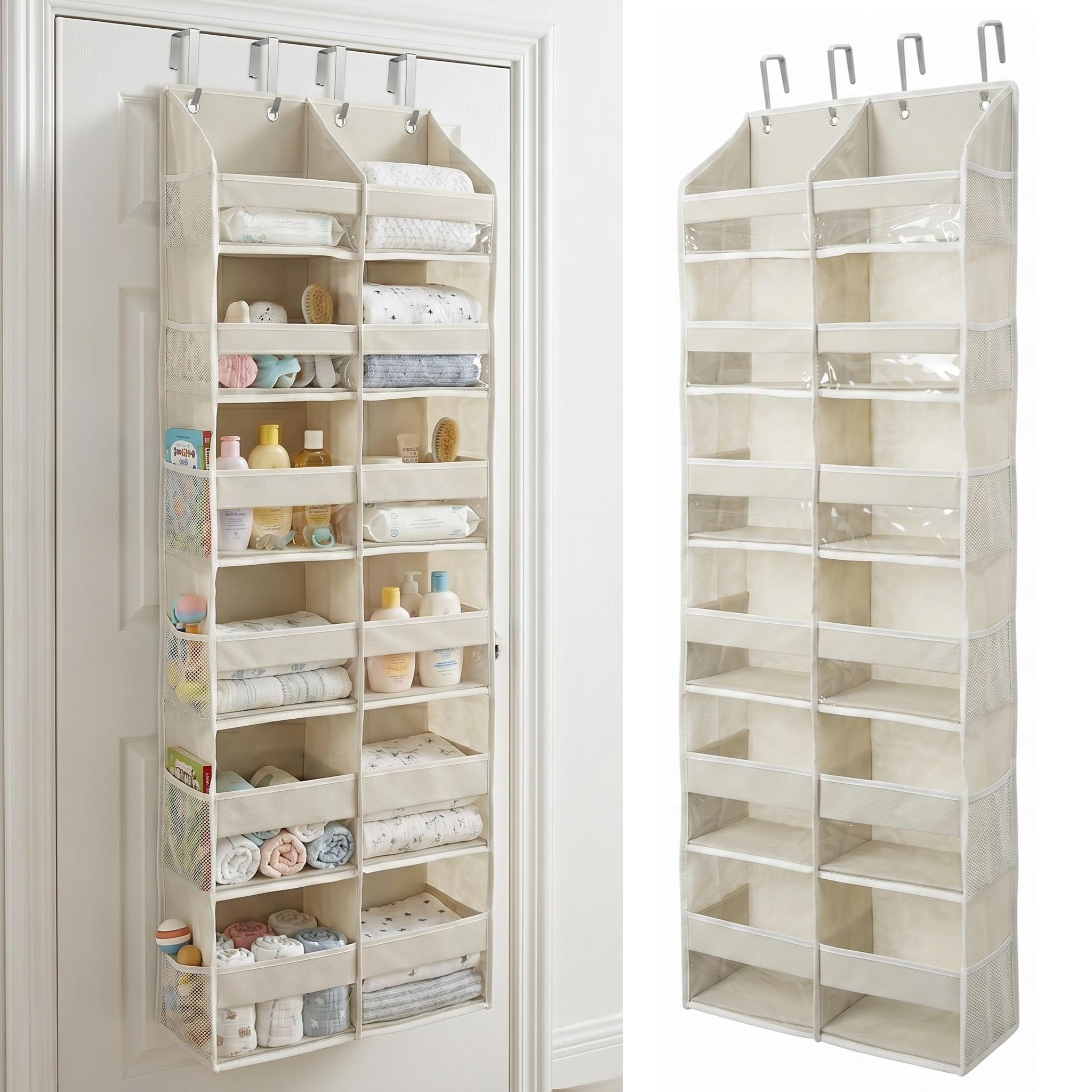HOMELUX THEORY UPGRADED 6 Tiers Over The Door Organizer Hanging - 100D EXTRA THICK & 50lbs HUGE CAPACITY, 12 Side Mesh Pockets Over The Door Shoe Organizer, Hanging Closet Organizer (Ivory, 1pc)