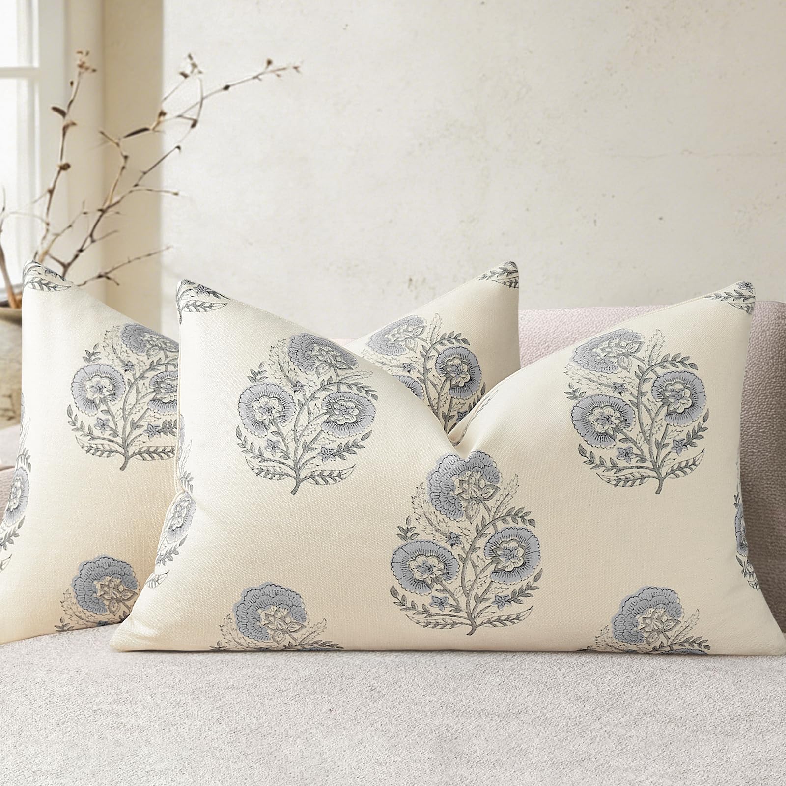YCOLL Vintage Floral Print Pillow Covers 18x18 Set of 2 Patterned Accent Decorative Cushion Covers Modern Farmhouse Throw Pillow Covers for Sofa Couch Chair Bed Living Room Home Decor, Light Blue