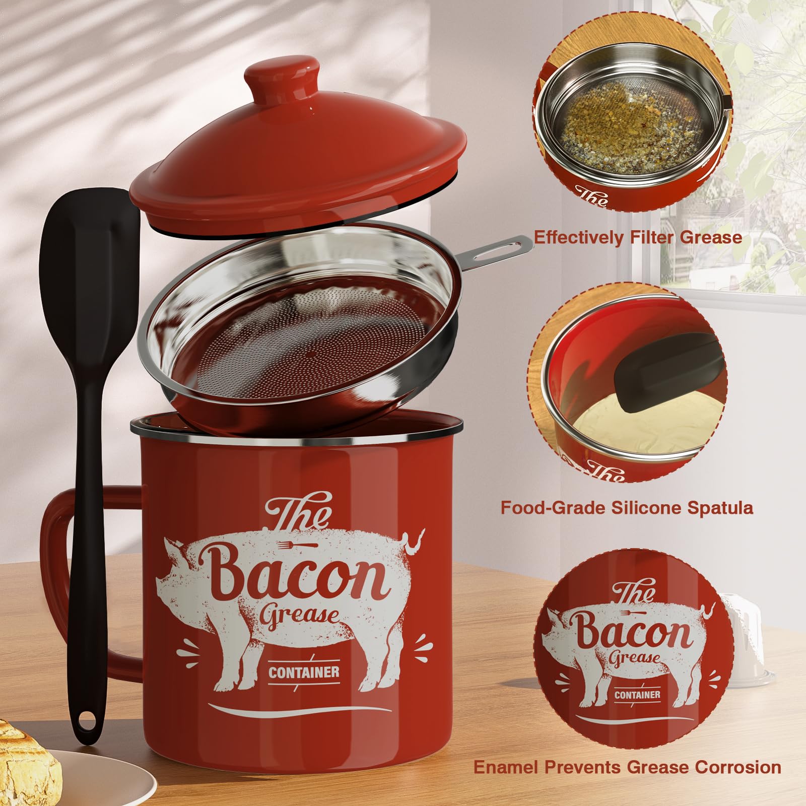 PGYARD Mini Bacon Grease Container With Strainer - 15OZ Enamel Grease Saver, Farmhouse Bacon Grease Keeper For Kitchen Fat Storage, Dishwasher Safe-Red