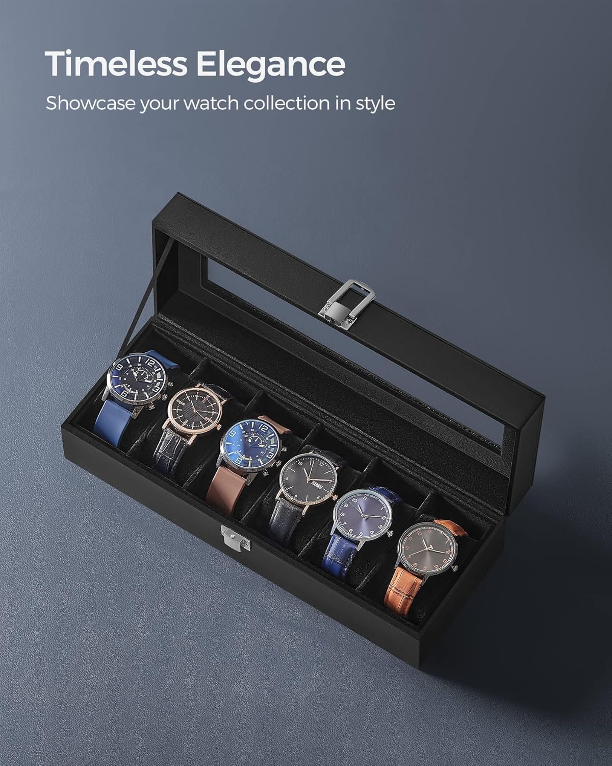 SONGMICS Watch Box, 6-Slot Watch Case Organizer with Large Glass Lid, Removable Pillows, Gift for Loved Ones, Black Synthetic Leather, Black Lining UJWB06B01