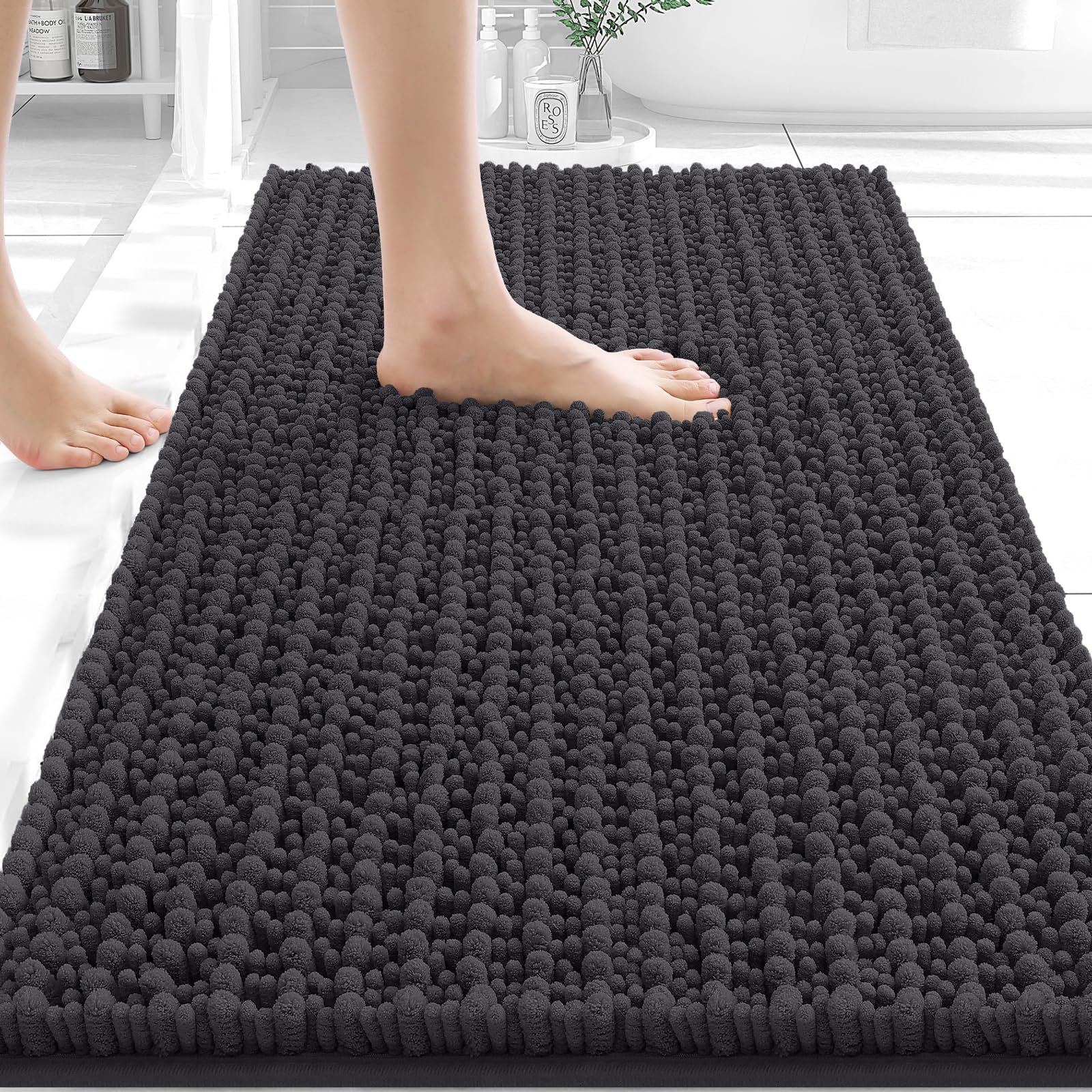 OLANLY Bathroom Rug Mat 30x20, Thick Soft and Absorbent Chenille Bath Mat, Non-Slip Rubber Backing, Machine Washable Quick Dry Bath Rugs for Tub Shower Floor, Home Decor Accessories, Grey