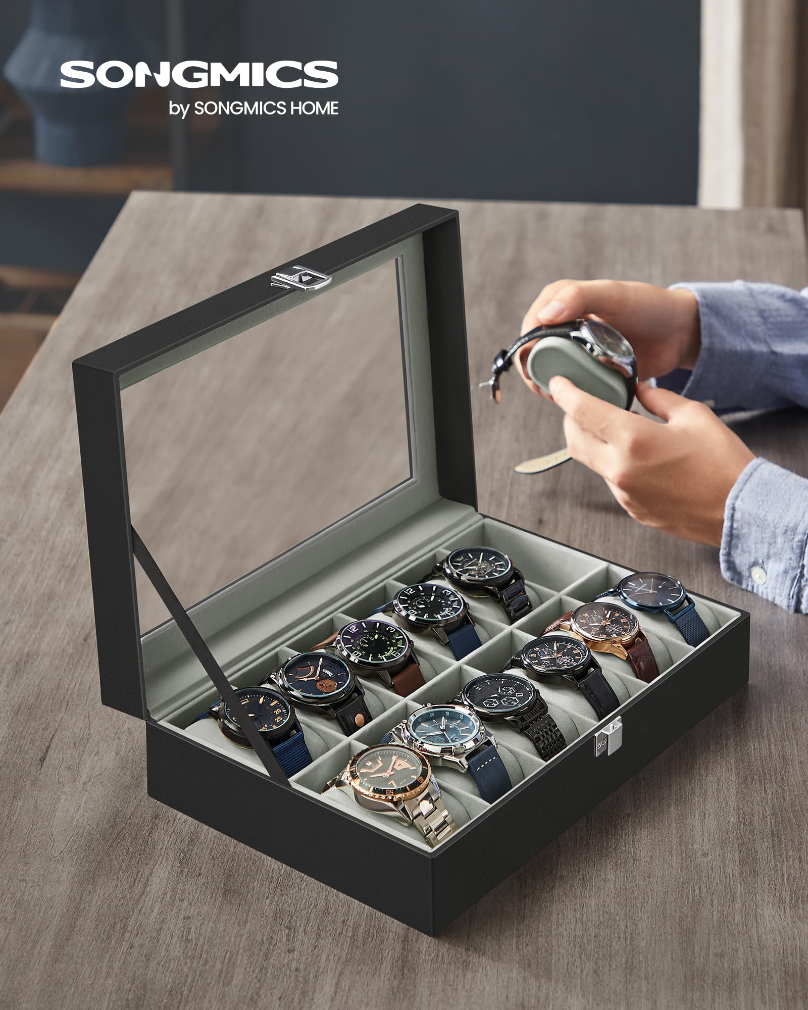 SONGMICS Watch Box, 12-Slot Watch Case Organizer with Large Glass Lid, Removable Pillows, Gift for Loved Ones, Black Synthetic Leather, Gray Lining UJWB12BK