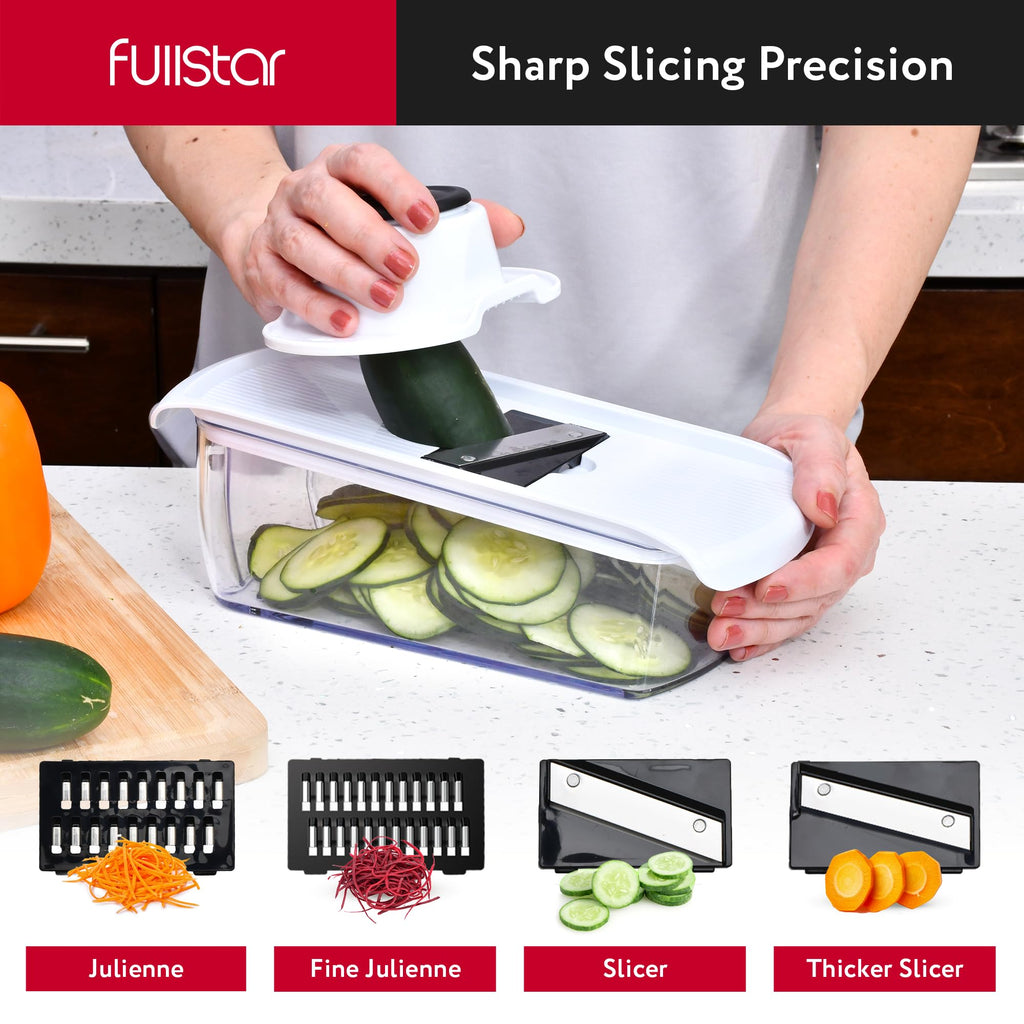 Fullstar Mandoline Slicer for Kitchen - Vegetable Chopper, Onion Potato Food Veggie Fruit Slicer and Cutter with Container, Kitchen Gadgets & Gifts, Home Essentials (6-in-1, White/Black)