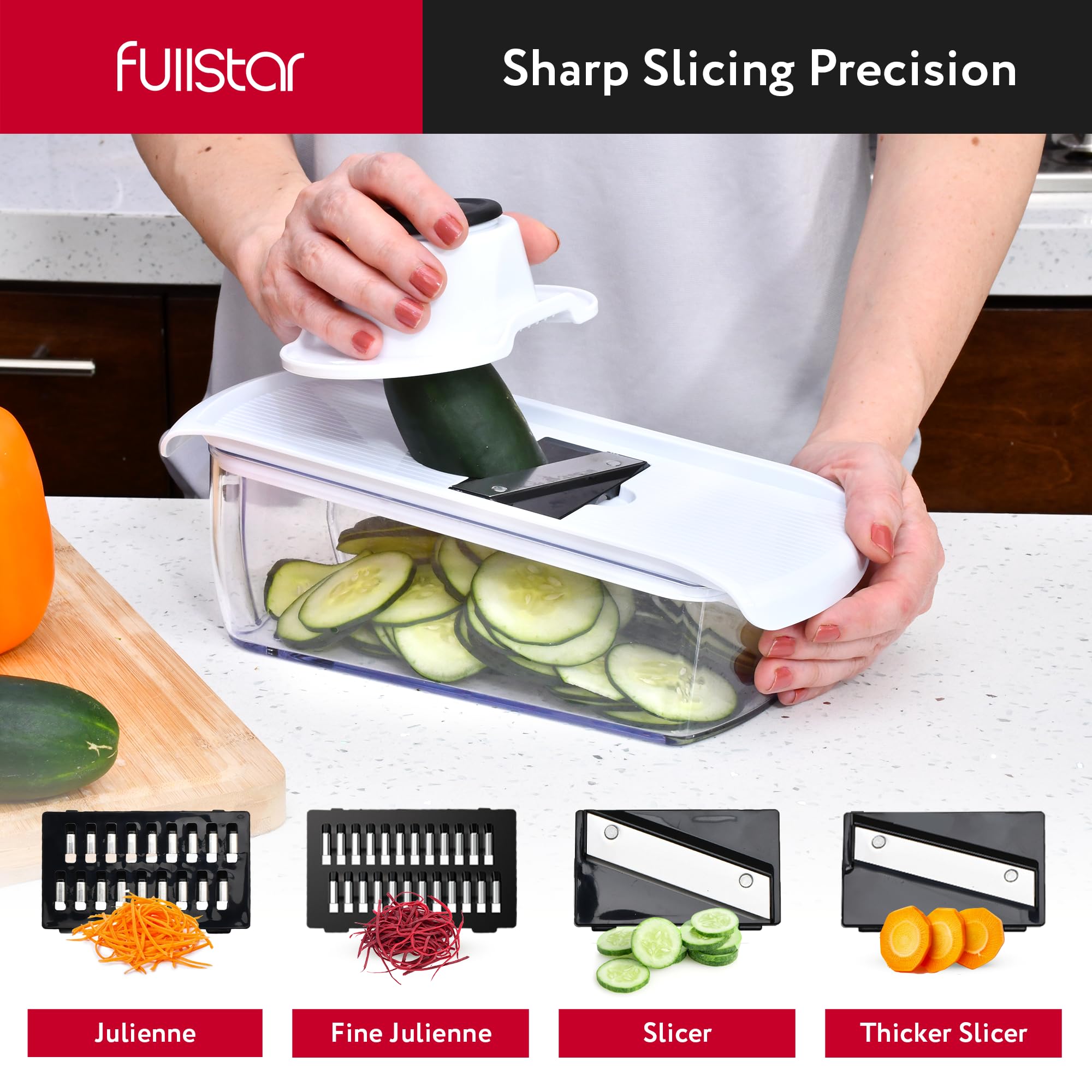 Fullstar Mandoline Slicer for Kitchen - Vegetable Chopper, Onion Potato Food Veggie Fruit Slicer and Cutter with Container, Kitchen Gadgets & Gifts, Home Essentials (6-in-1, White/Black)
