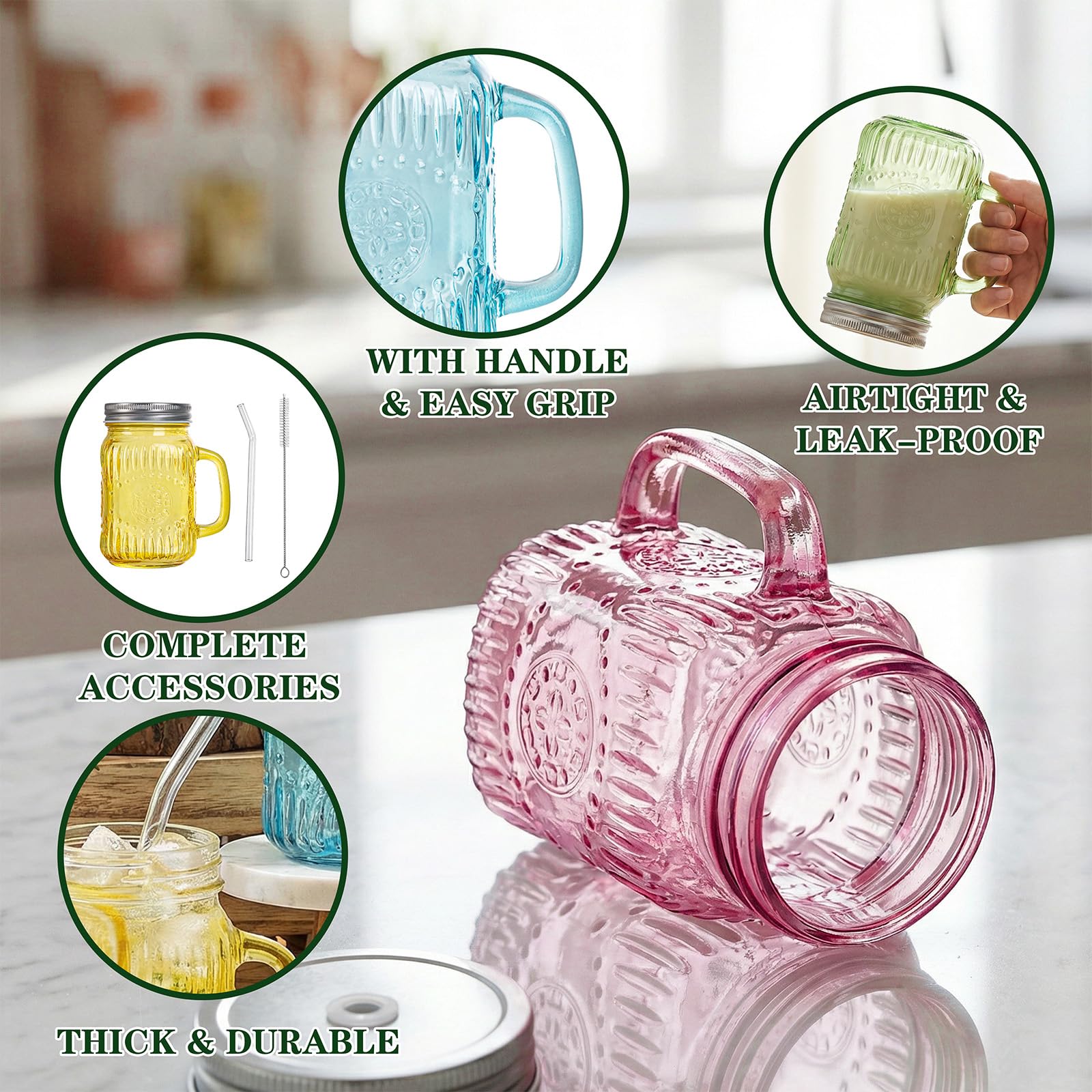 DaYammi Mason Jars with Lids and Straws, 6 Pack 16 Oz Glass Cups for Cold Beverages, Juice, Smoothies, Iced Coffee, Cocktails Leak-Proof Drinking Glasses with Sealed & Straw Lids, Colorful