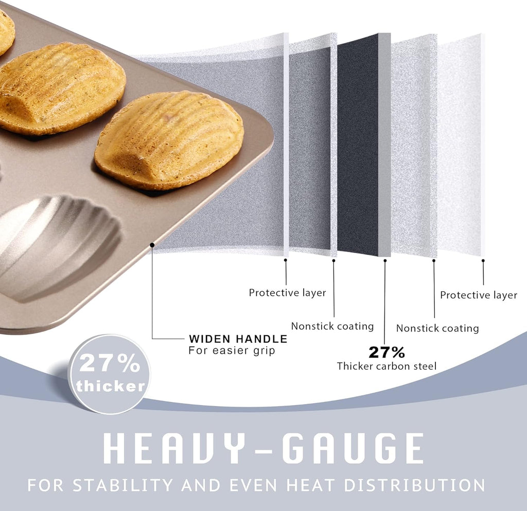 HONGBAKE Nonstick Madeleine Pan 2 Pack 12-Cavity Heavy Duty Madeleine Cookies Trays for Oven Baking, Warp Resistant Shell Shape Madeleine Mold Cake Pan, Champagne Gold