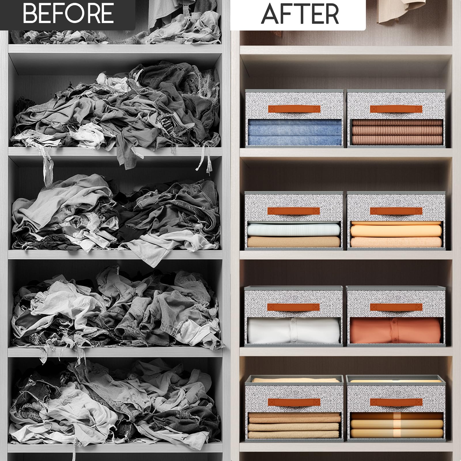 Homsorout Clothes Organizers and Storage - 4/5/7 Grids Fabric Jeans Organizer with Handles, Foldable Closet Organizers Dividers, Wardrobe organizer for Pant, Sweater, T-shirt, Scarf, 6 Pack, Beige