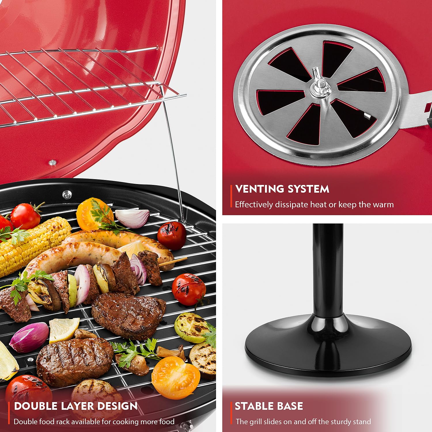 Electric Grill, Techwood Indoor/Outdoor Electric BBQ Grill, 1600W Portable Removable Stand Grill with Adjustable Heat & Drip Tray, Double Layer Design for Party, Patio & Backyard (Black)
