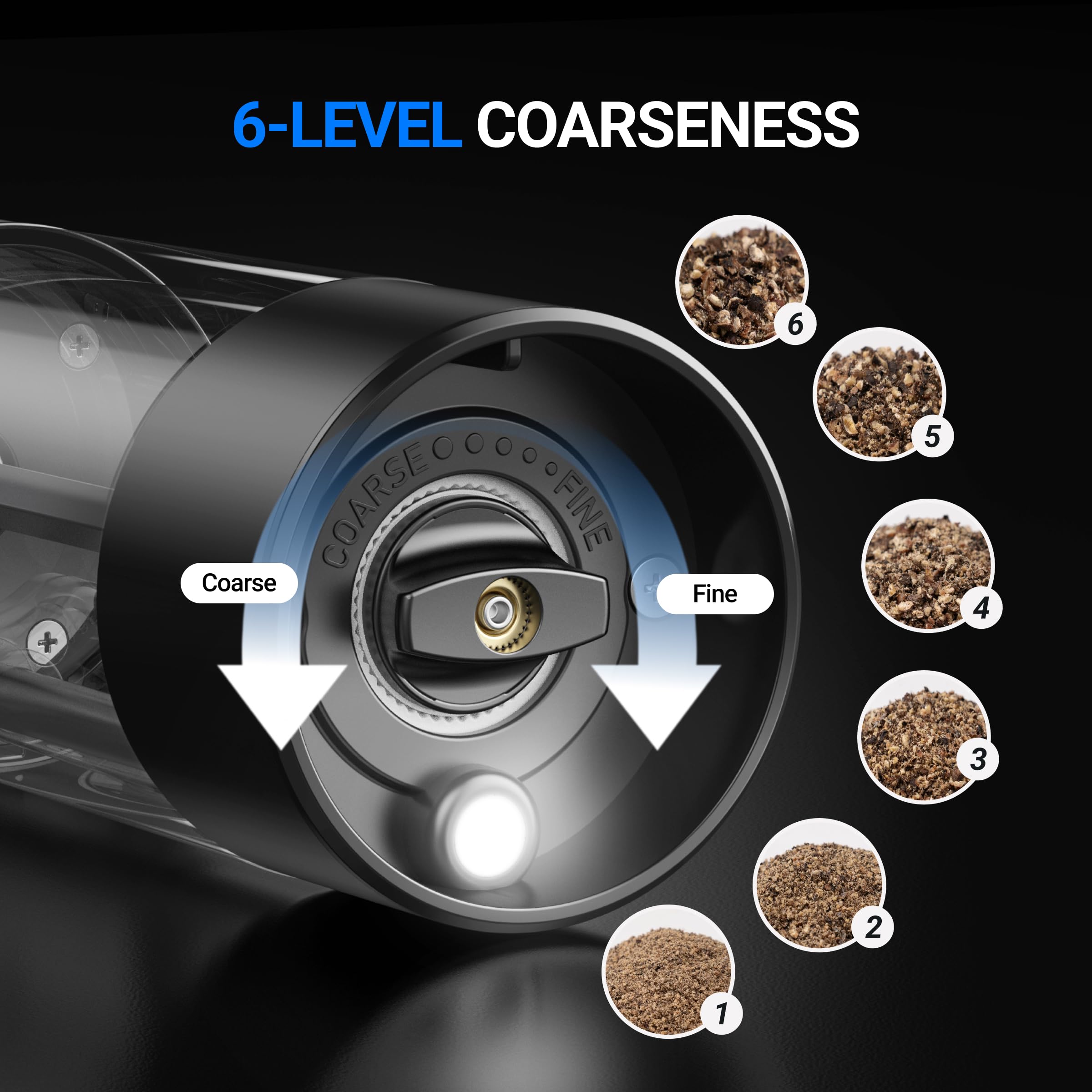 ThermoMaven Upgraded Larger Capacity Electric Salt and Pepper Grinder Set, 110ml Rechargeable Salt and Pepper Shaker with LED Light, Stainless Steel Automatic Pepper Mill with 6 Adjustable Coarseness