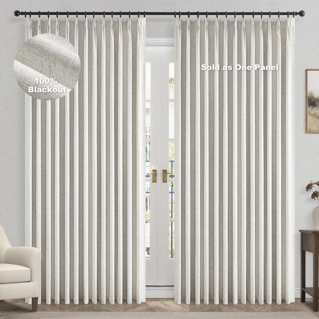 Topfinel Pinch Pleated Curtains 96 Inch Long, 100% Blackout Thermal Insulated Natural Linen Pinch Pleat Viral Drapes with Hooks Rings 2 Panel Sets, Neutral Beige Ivory 8FT Back Tab Window Curtains