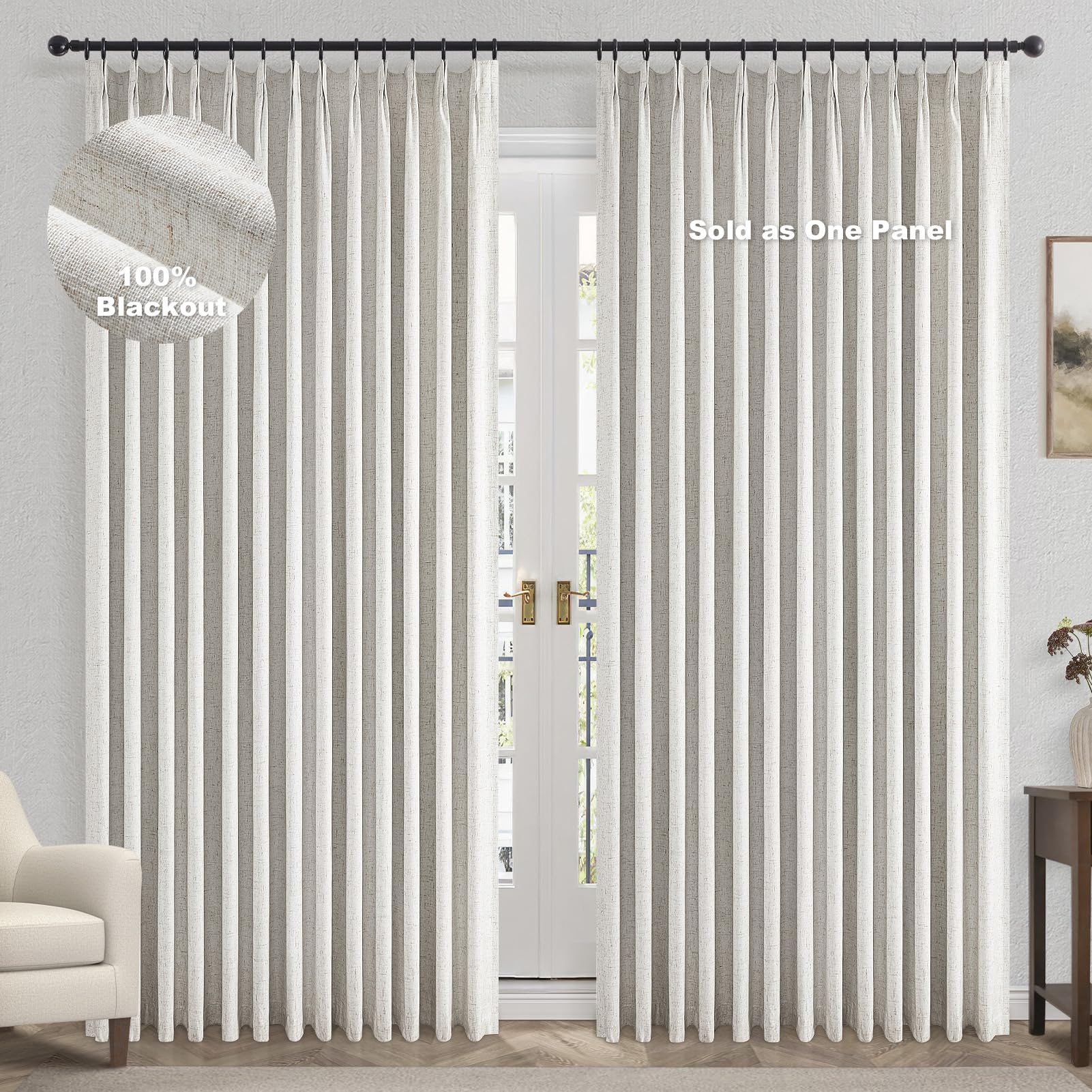 Topfinel Pinch Pleated Curtains 96 Inch Long, 100% Blackout Thermal Insulated Natural Linen Pinch Pleat Viral Drapes with Hooks Rings 2 Panel Sets, Neutral Beige Ivory 8FT Back Tab Window Curtains