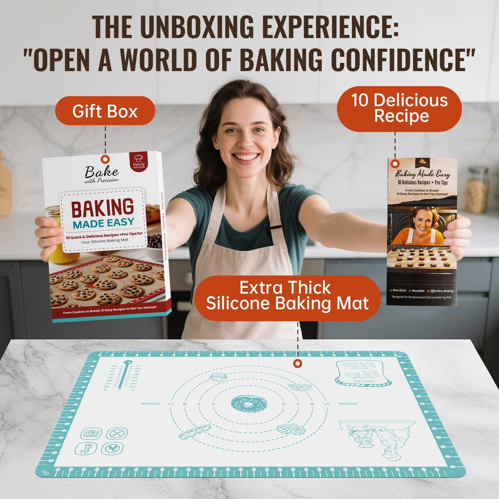 Silicone Baking Mat with Recipes, Extra Thick Silicone Mats for Baking, Non Stick Pastry Mat for Rolling Dough, Silicone Macaron Baking Mat for Cookie,Bread,Pizza,Fondant Mat, Oven&Dishwasher Safe