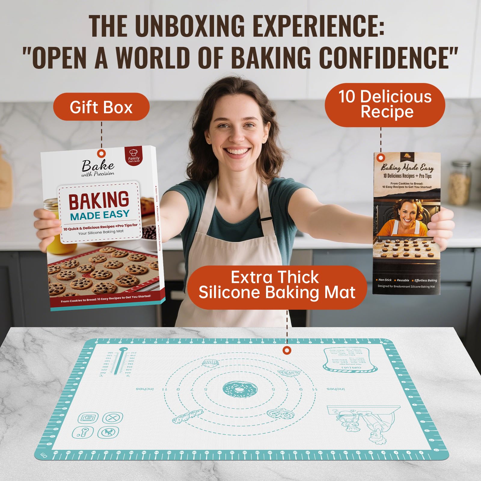 Silicone Baking Mat with Recipes, Extra Thick Silicone Mats for Baking, Non Stick Pastry Mat for Rolling Dough, Silicone Macaron Baking Mat for Cookie,Bread,Pizza,Fondant Mat, Oven&Dishwasher Safe