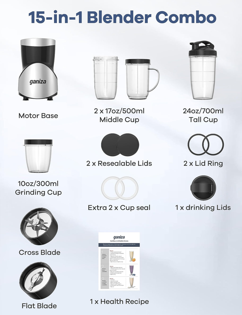 Ganiza Smoothie Blender, 900W Blenders for Shakes and Smoothies, 15-Piece Personal Blender and Grinder Combo for Kitchen, Smoothies Maker with 4 BPA-Free Portable Cup, Nutritious Recipe